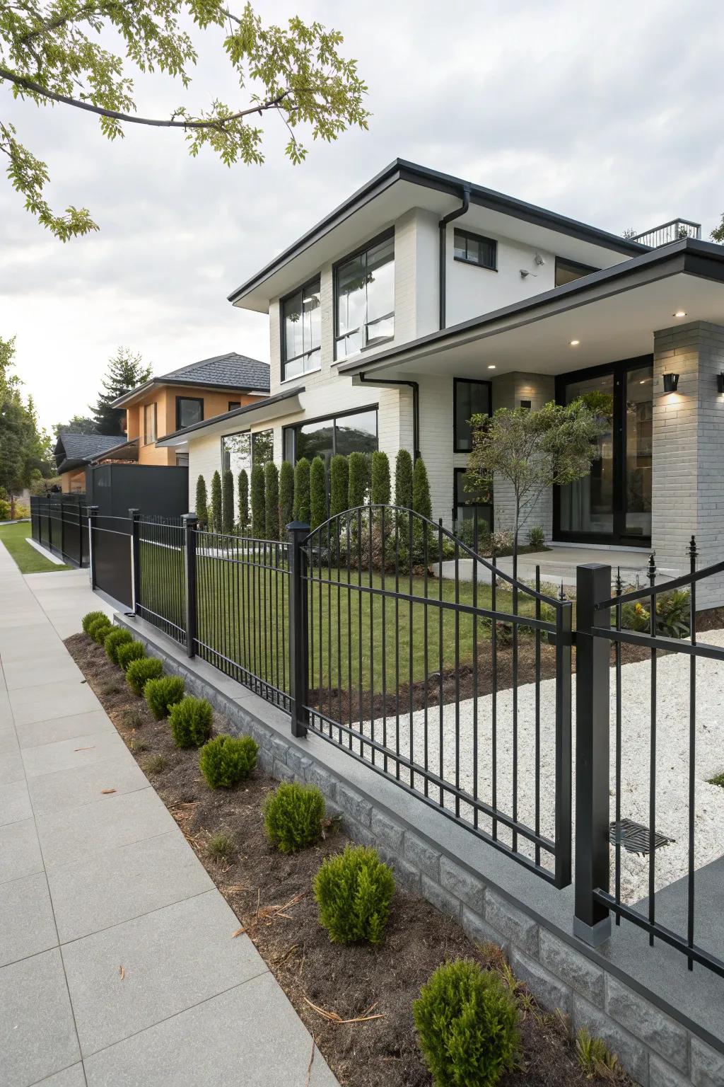 A minimalist metallic barrier with sharp lines framing a modern home.
