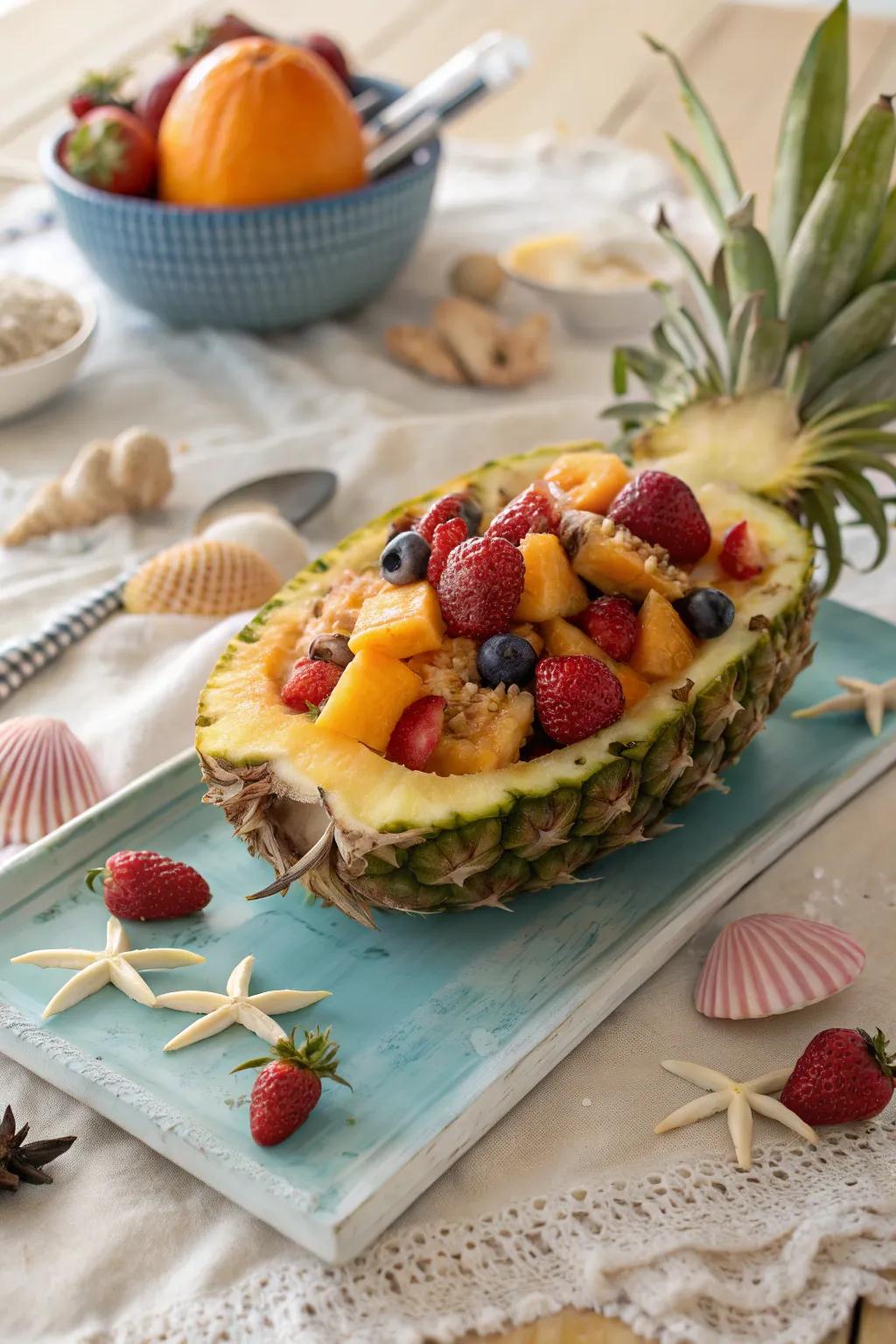 A pineapple barge makes for a tropical and attention-grabbing fruit medley display.