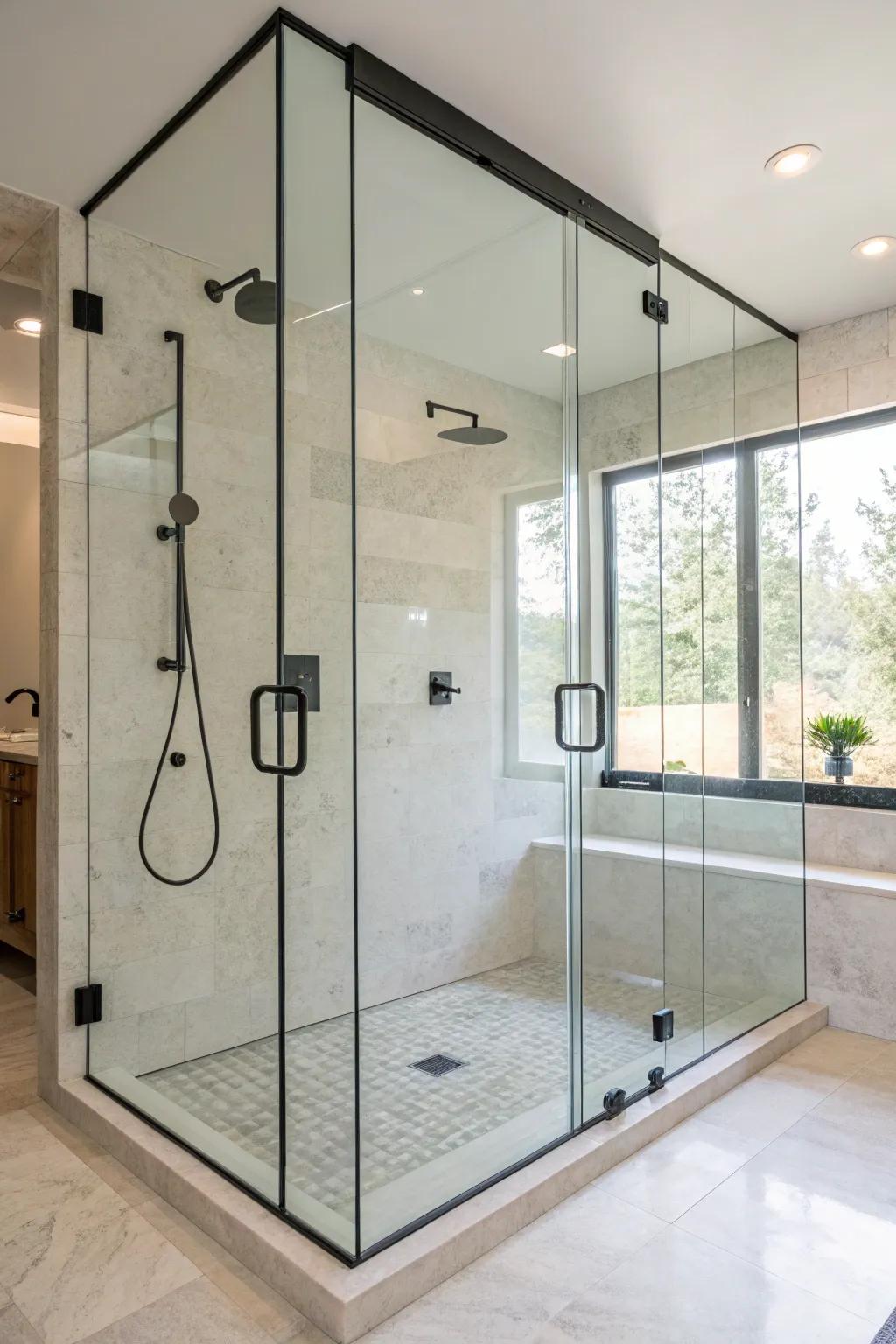 This modern step-in shower enhances luxury and spaciousness.