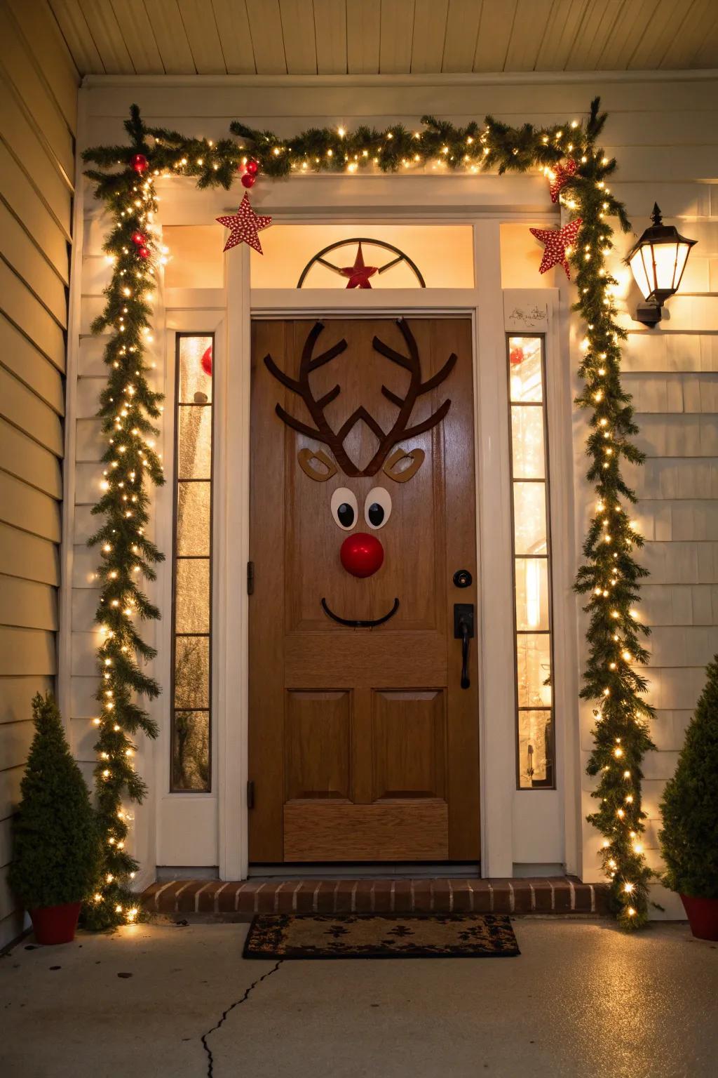 Rudolph's antlers and radiant red nose create a jovial and welcoming Christmas door ornament.