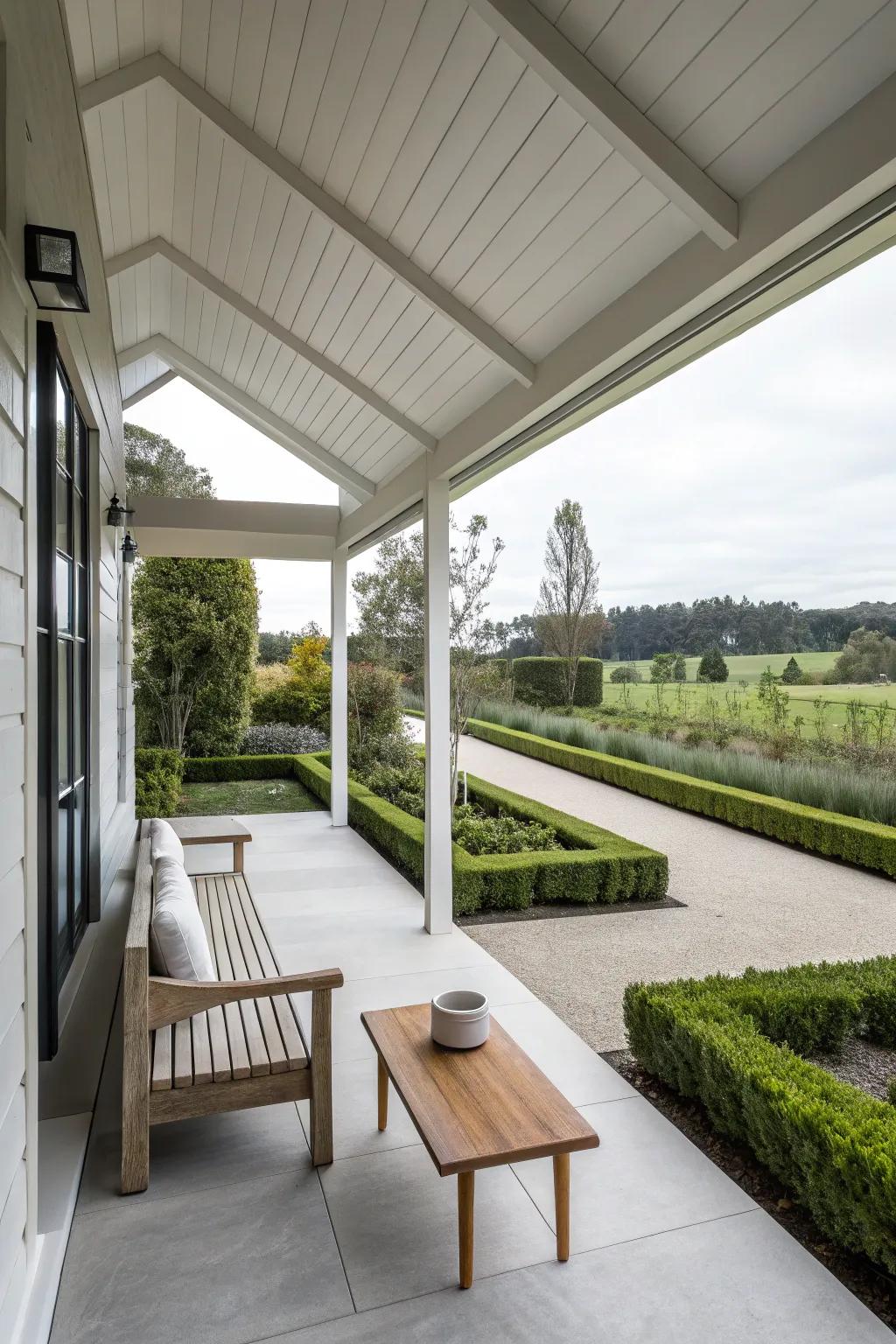 A contemporary gable roof porch embodies simplicity and grace.