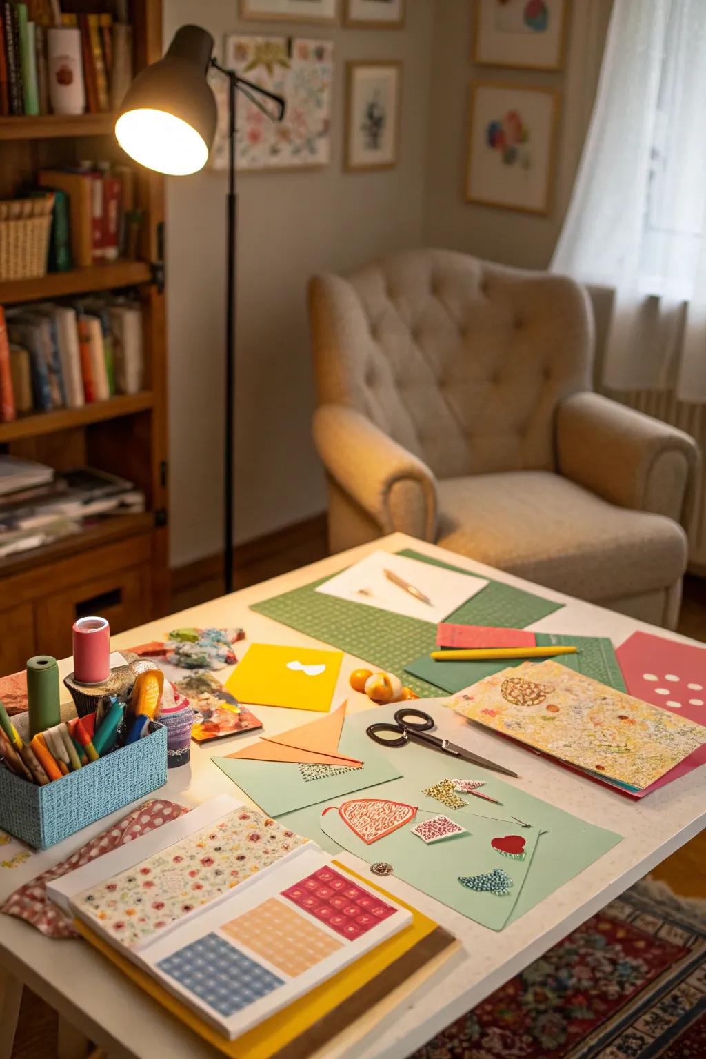 An attractive DIY crafting station for creating customized Galentine's Day decorations.