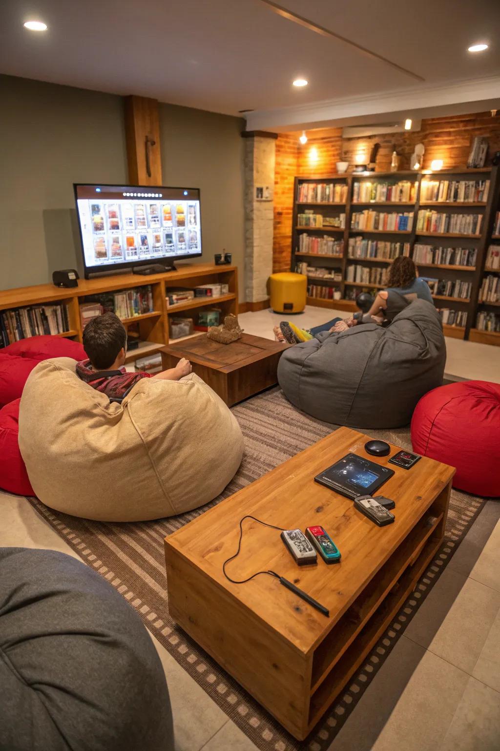 Cushion seats providing a serene and laid-back seating arrangement for informal gaming.
