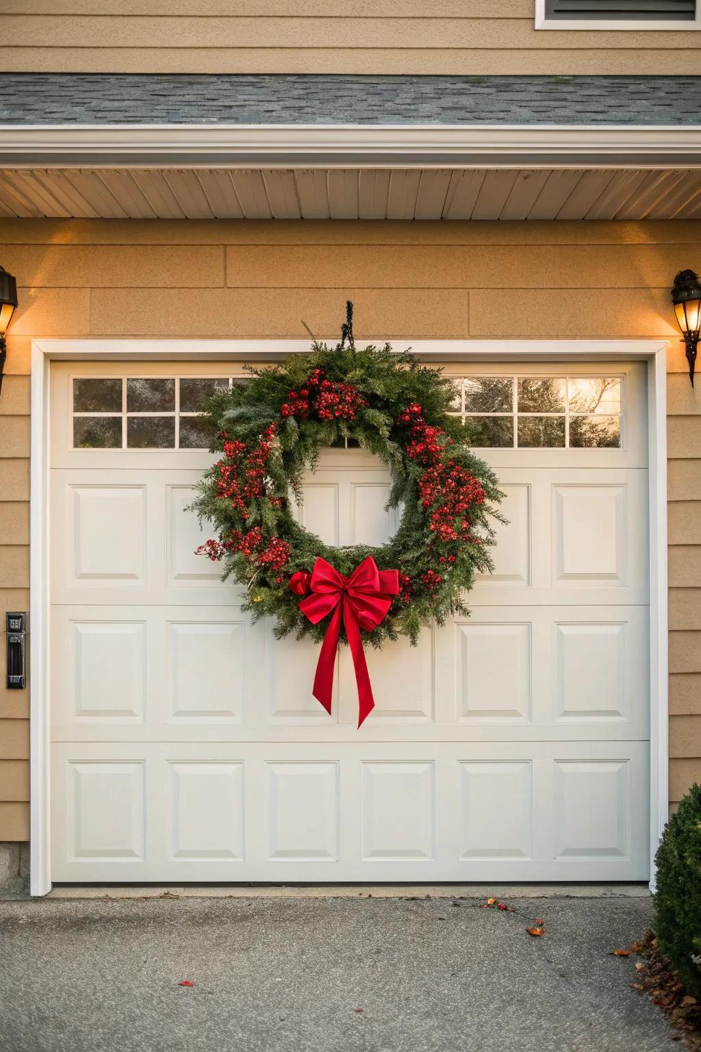 A quintessential Christmas wreath displayed on a garage door.