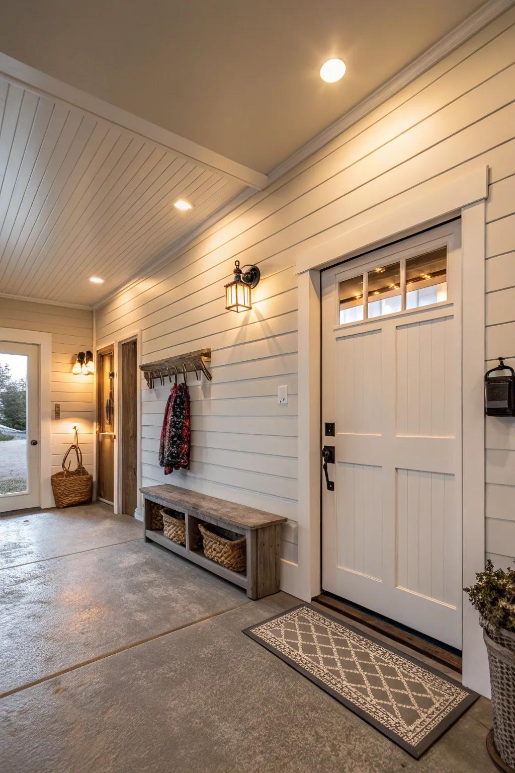 Shiplap walls provide texture and a touch of elegance to your entryway.