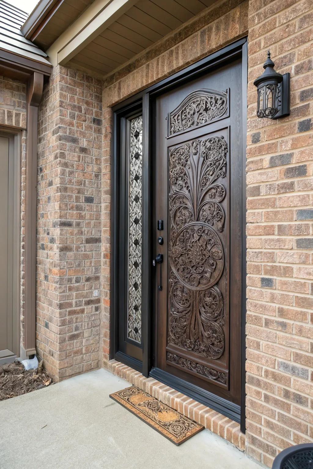 Detailed carvings give this garage side entry door a unique feel.