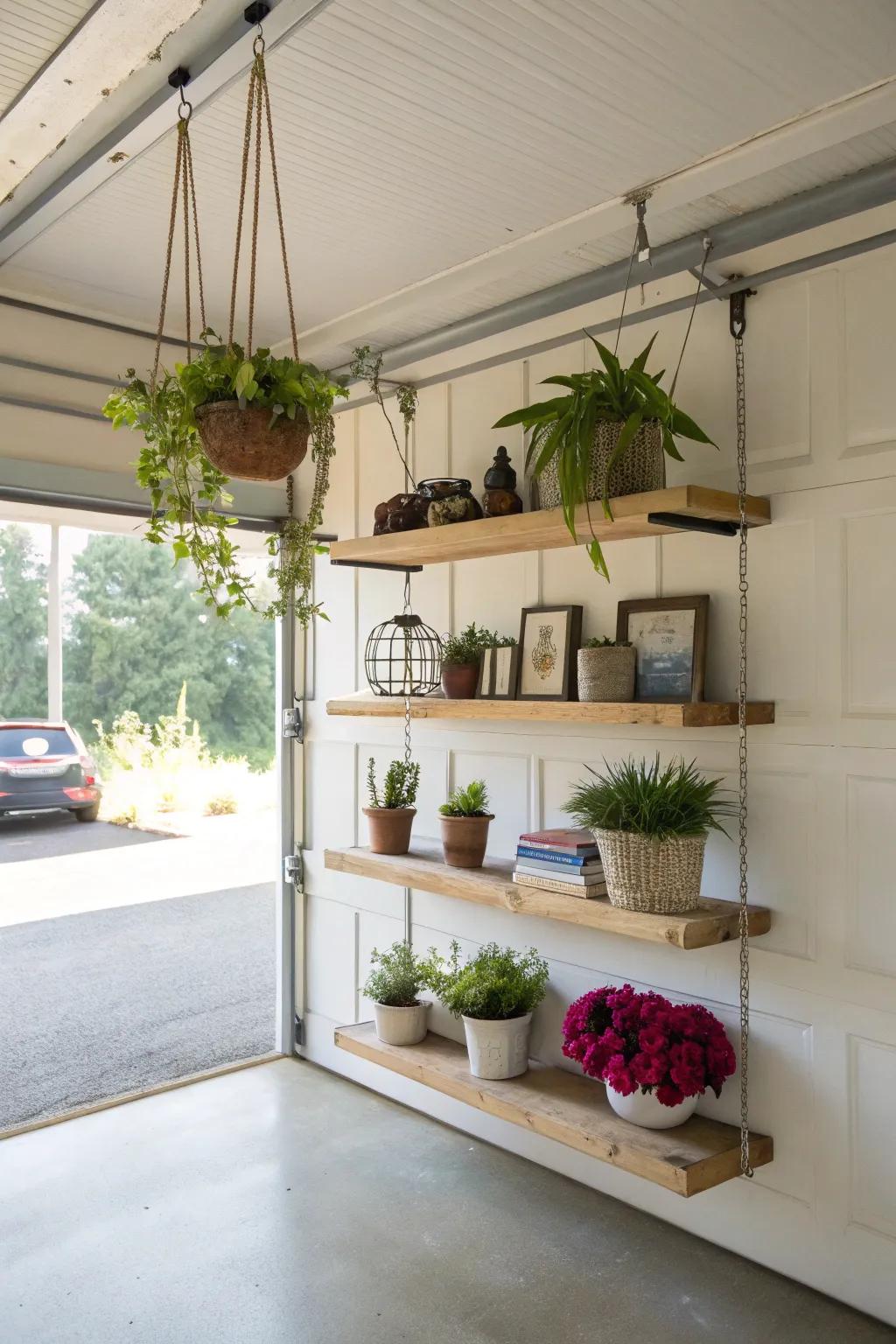 Floating shelves bring both utility and flair to garage walls.