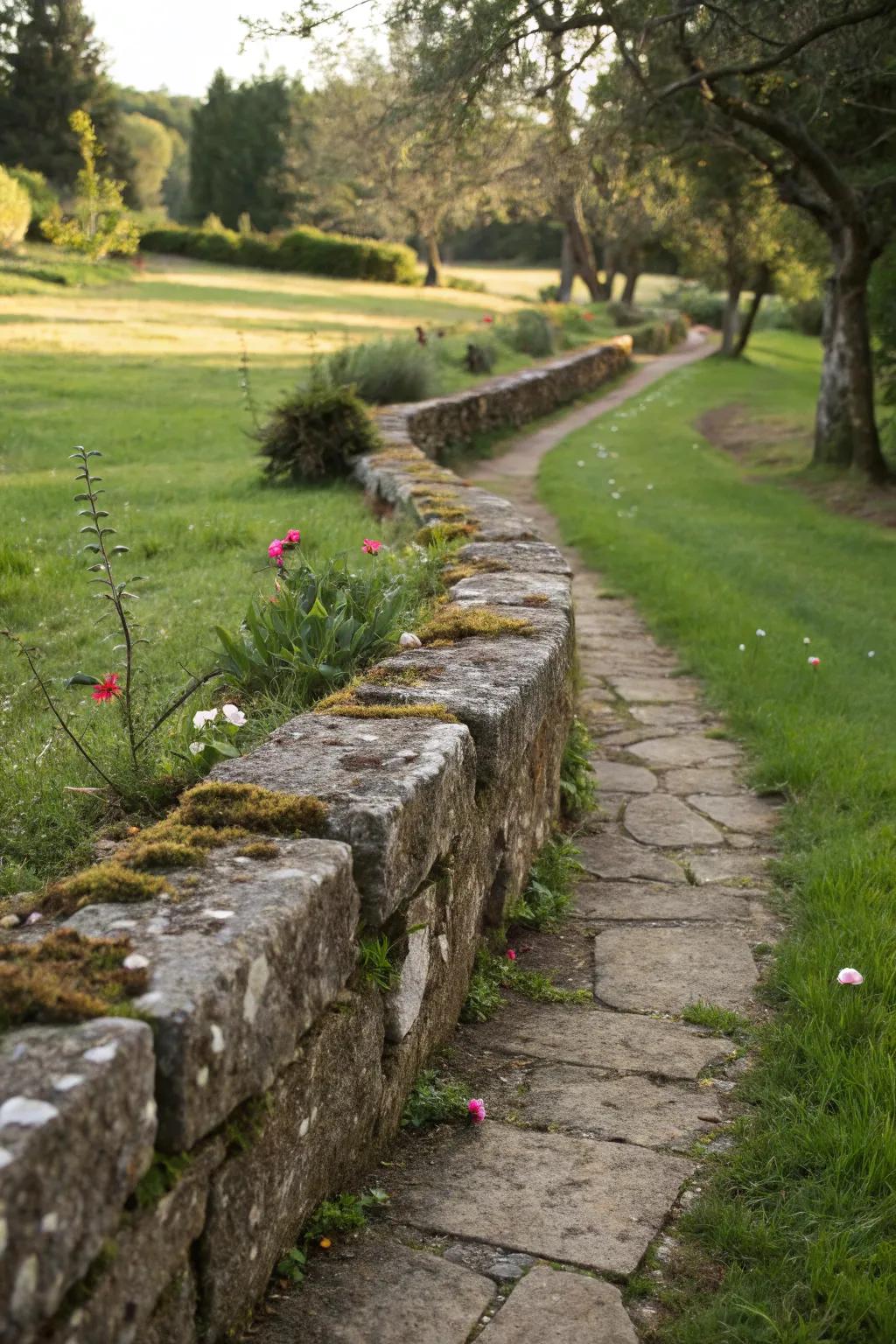 Natural rock borders evoke a timeless, rustic garden ambiance.