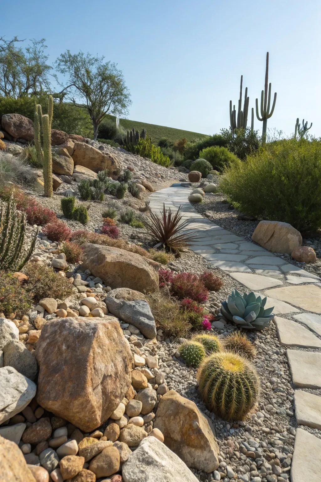 Infuse texture into your garden through a rock display enhanced by stone fragments.