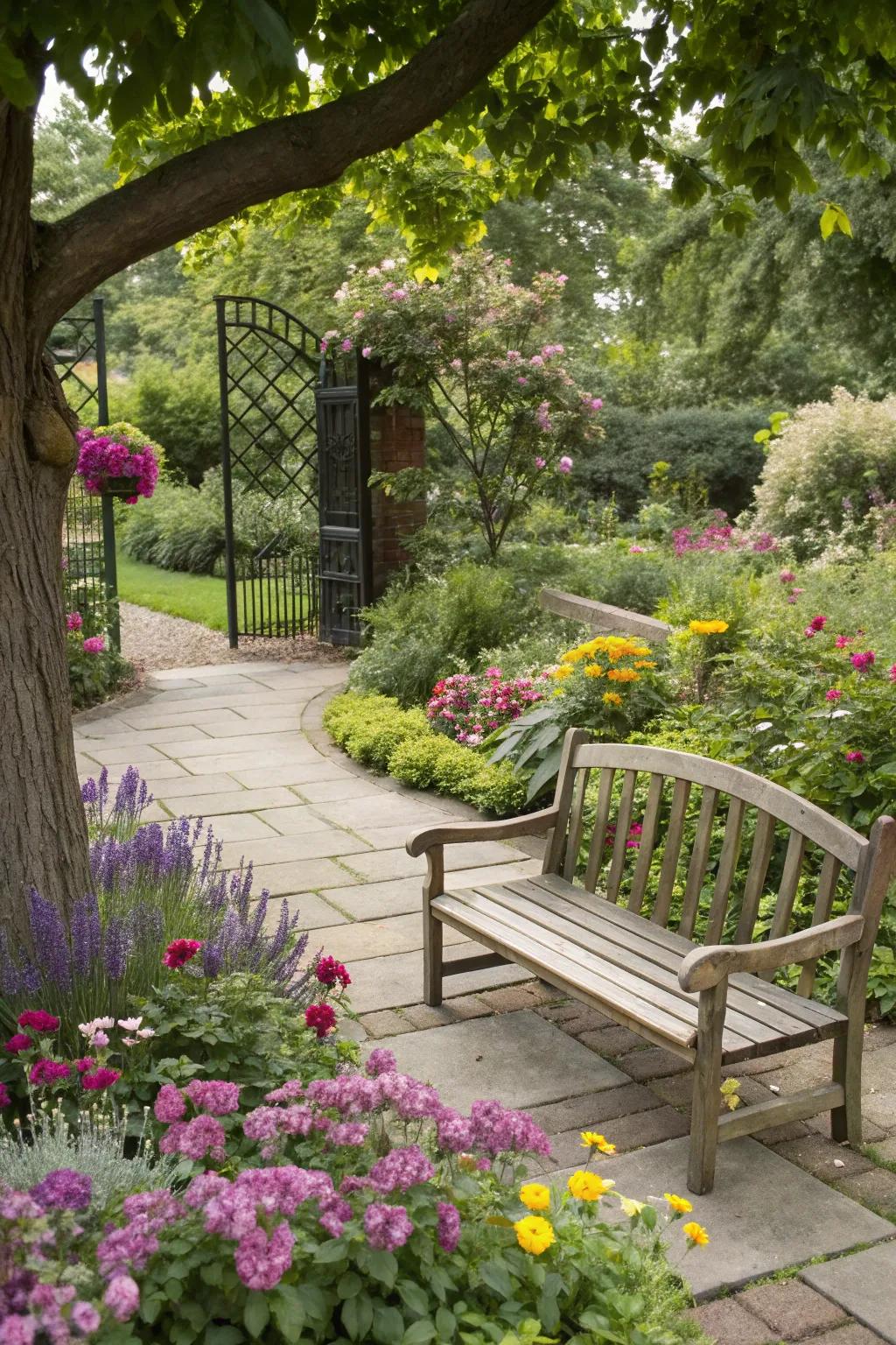 A delightful garden seating area featuring a wooden seat encircled by vibrant flora.