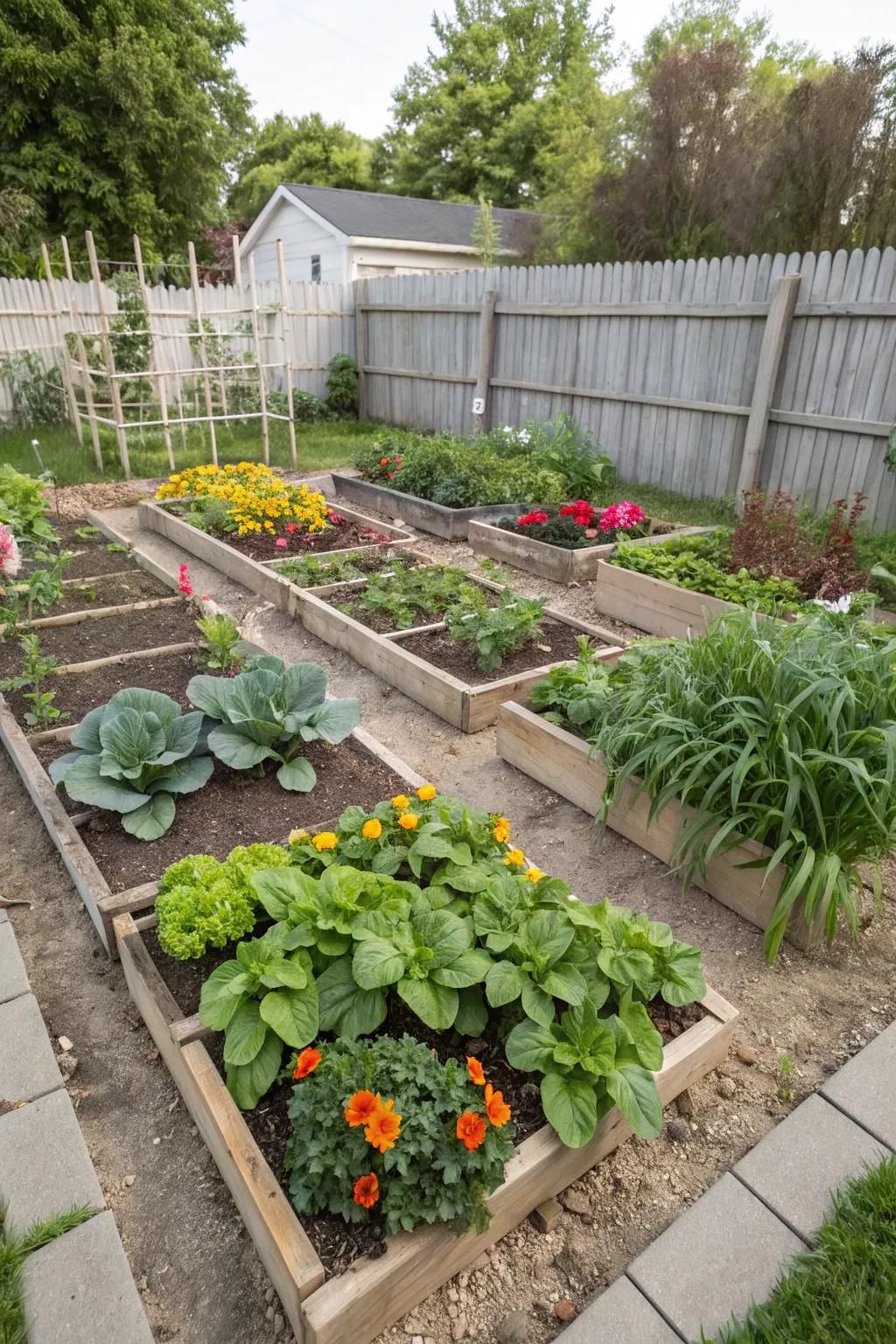 A block patch garden overflowing with various greens.