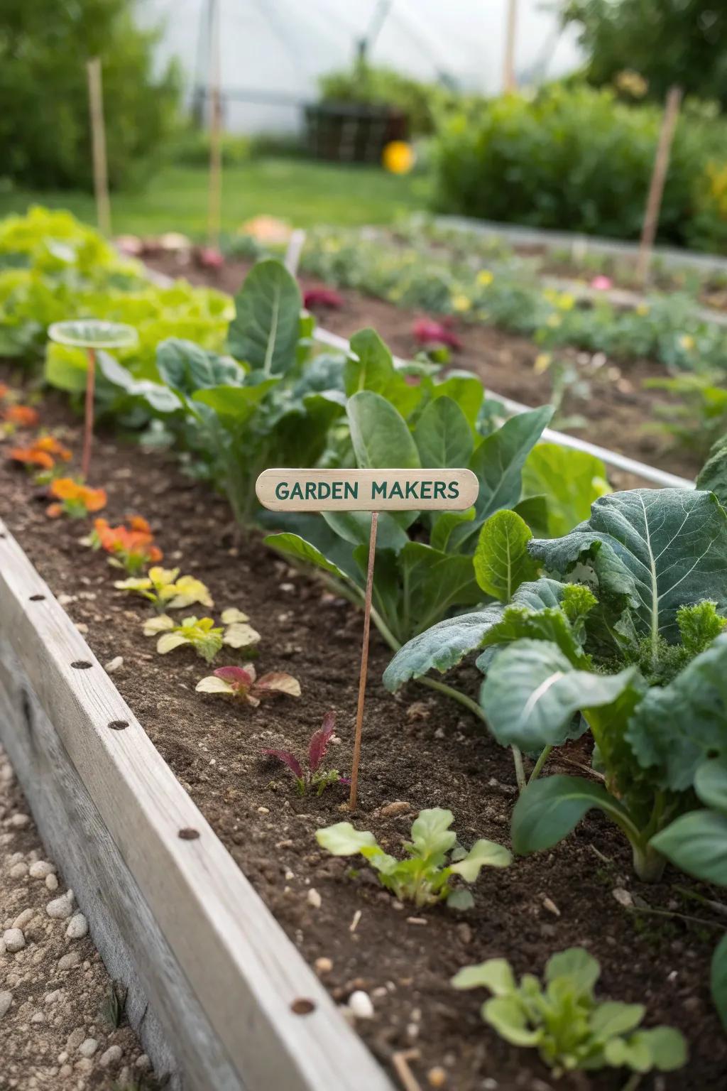 Unique garden markers add charm and help keep the garden organized.