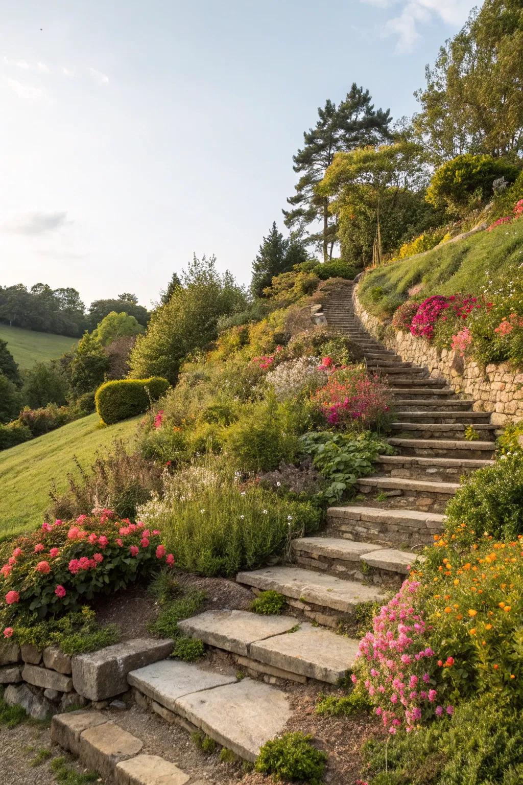 Steps seamlessly integrated into a garden slope for easy navigation and aesthetic appeal.