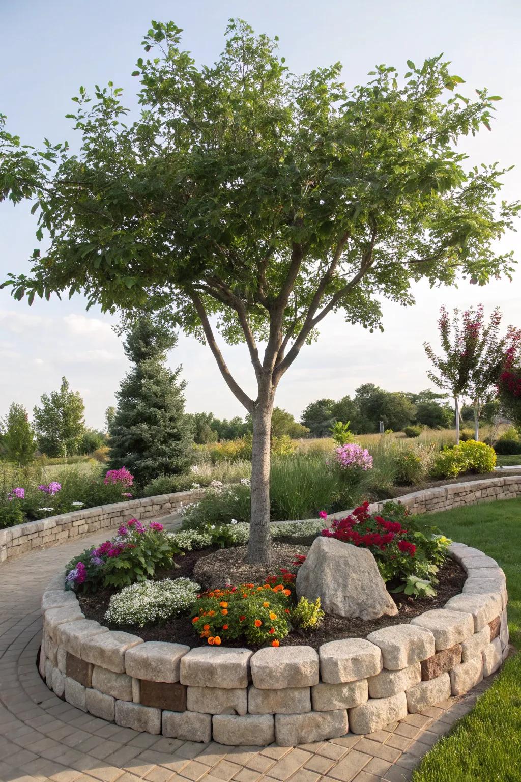 A tree embraced by a decorative border of stones.
