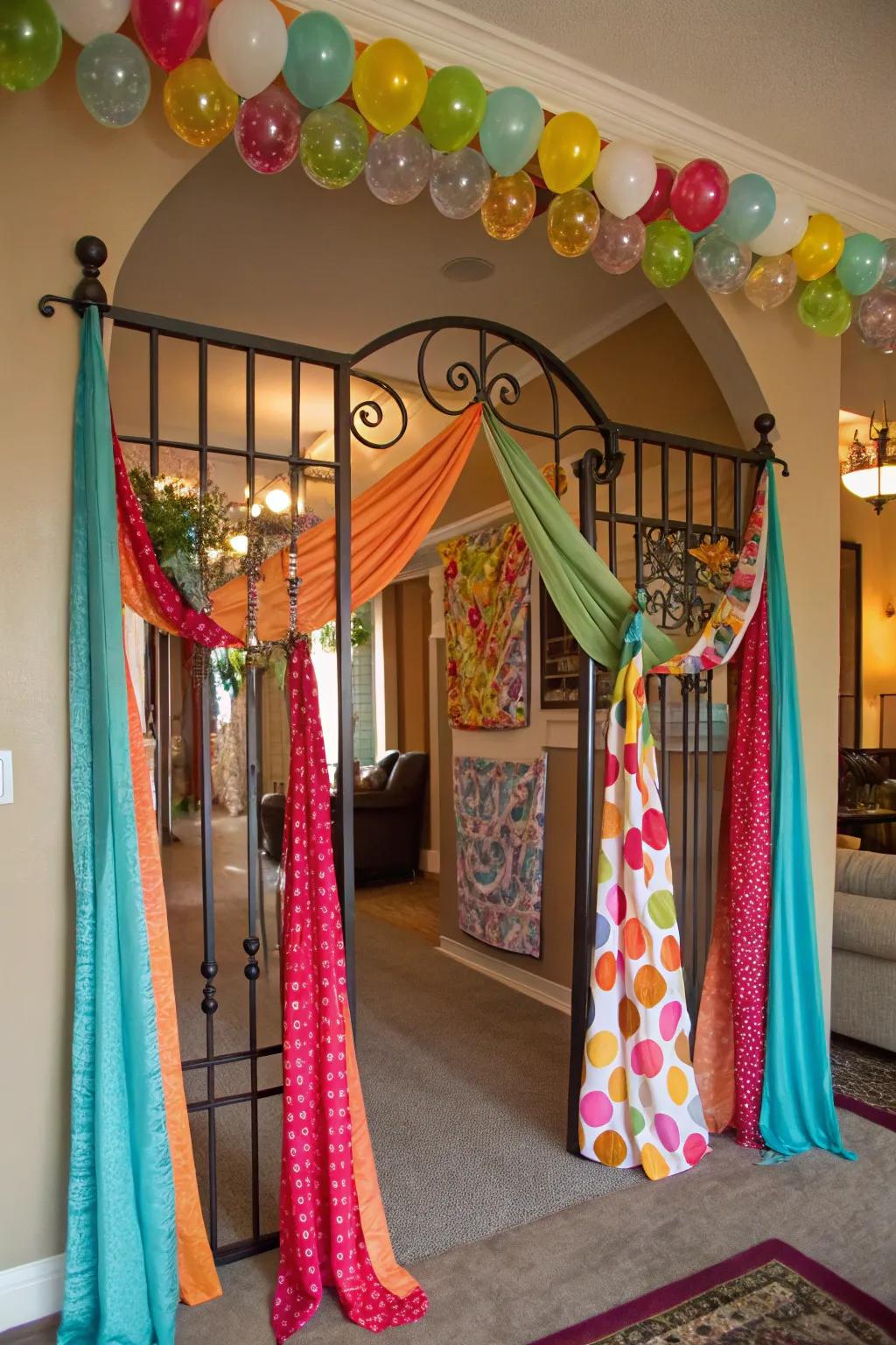 Elegant fabric drapery on a gate.