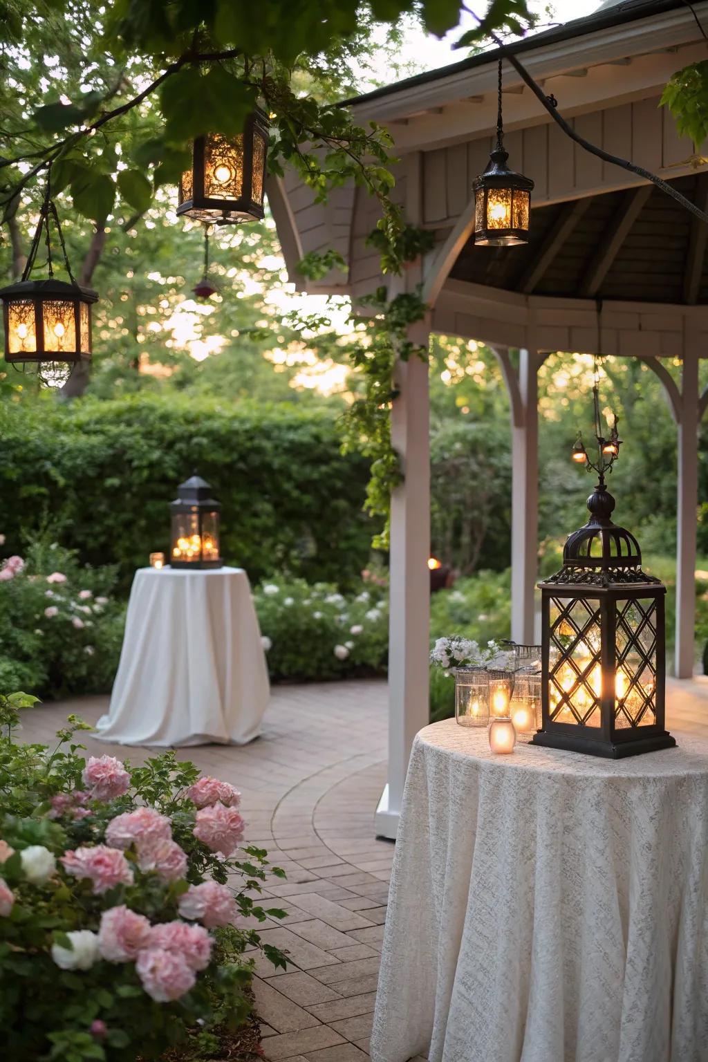 Lanterns contribute a rustic charm to the gazebo.
