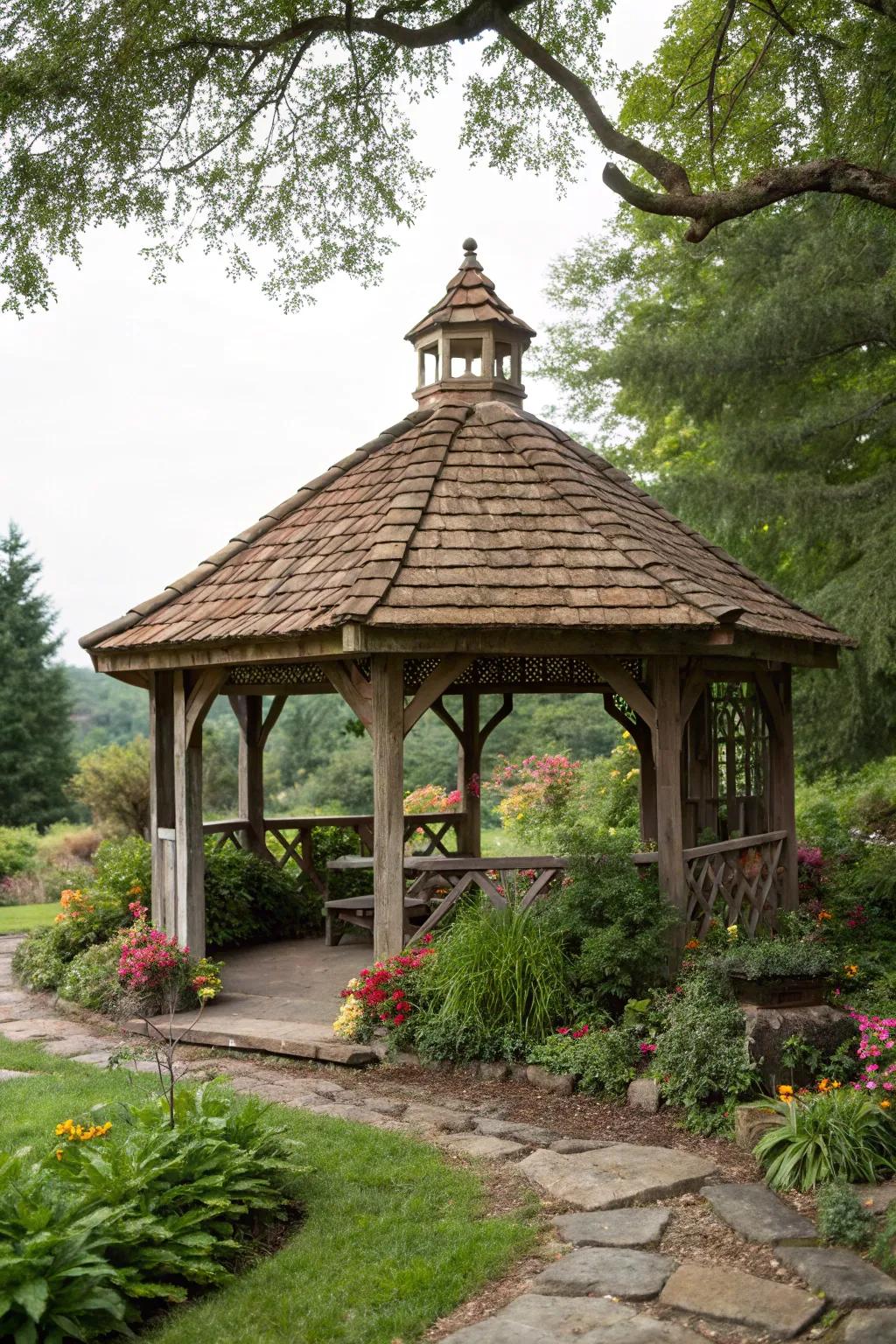 A charming gazebo with a wooden shingle roof, nestled in nature.