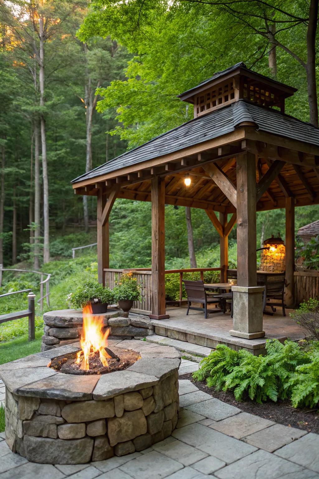 Countryside charm showcased by a 'woodland pergola' and 'rock-style flame simulator'.