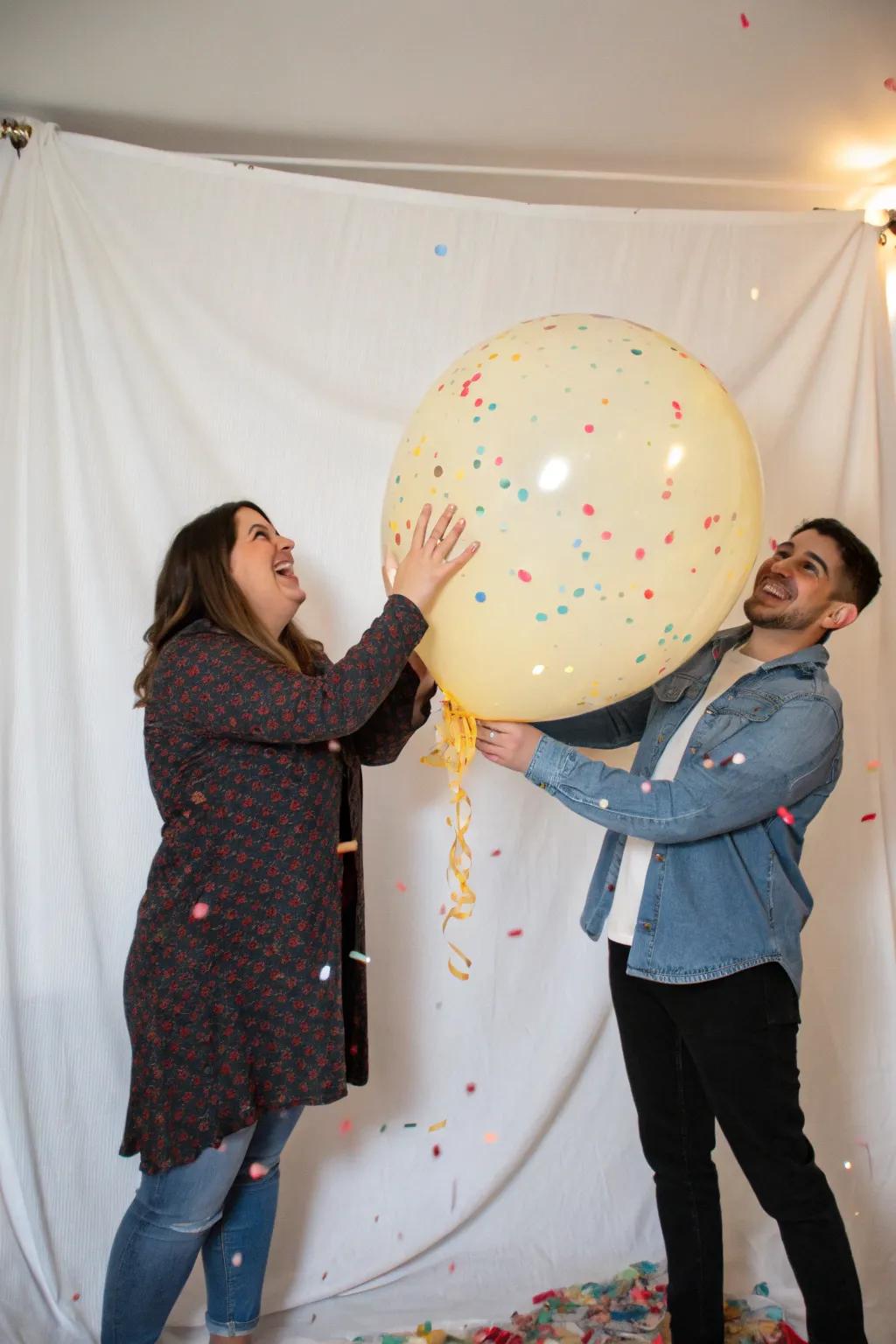The expectation is high for this thrilling balloon pop announcement.