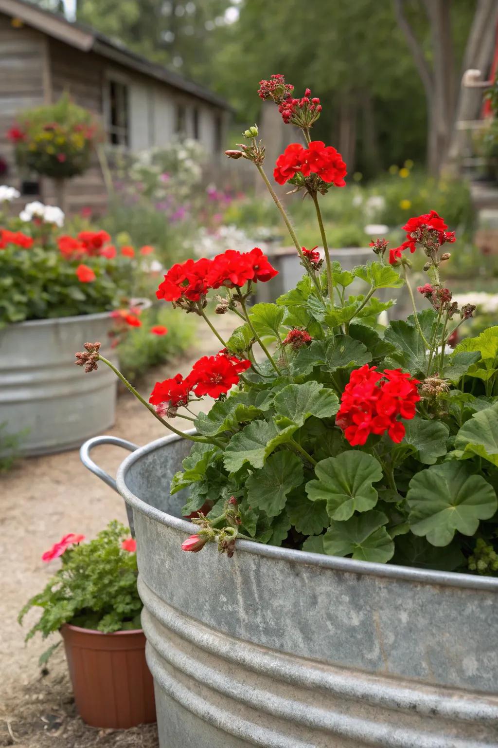 A charming farmhouse-inspired zinc-coated tub brimming with radiant red sunbeam blooms.