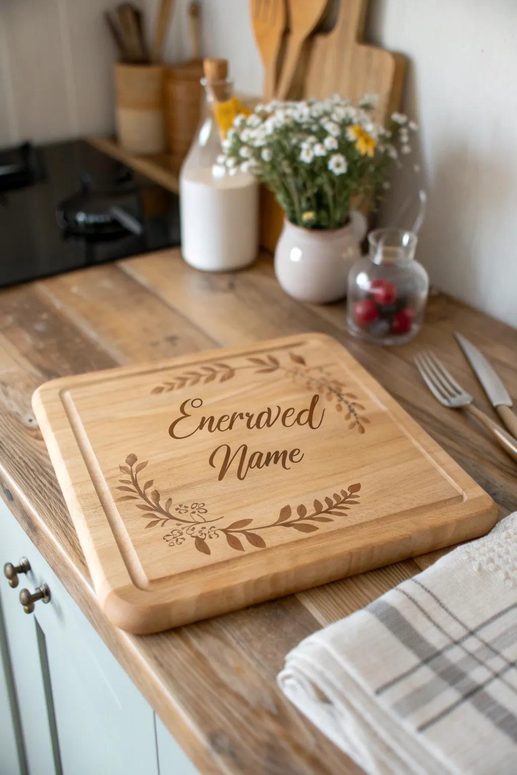 A beautifully personalized prep board adds an intimate touch to your culinary endeavors.