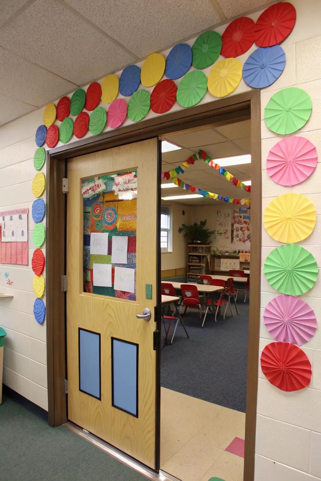 A vibrant candy-themed roof on a classroom door.
