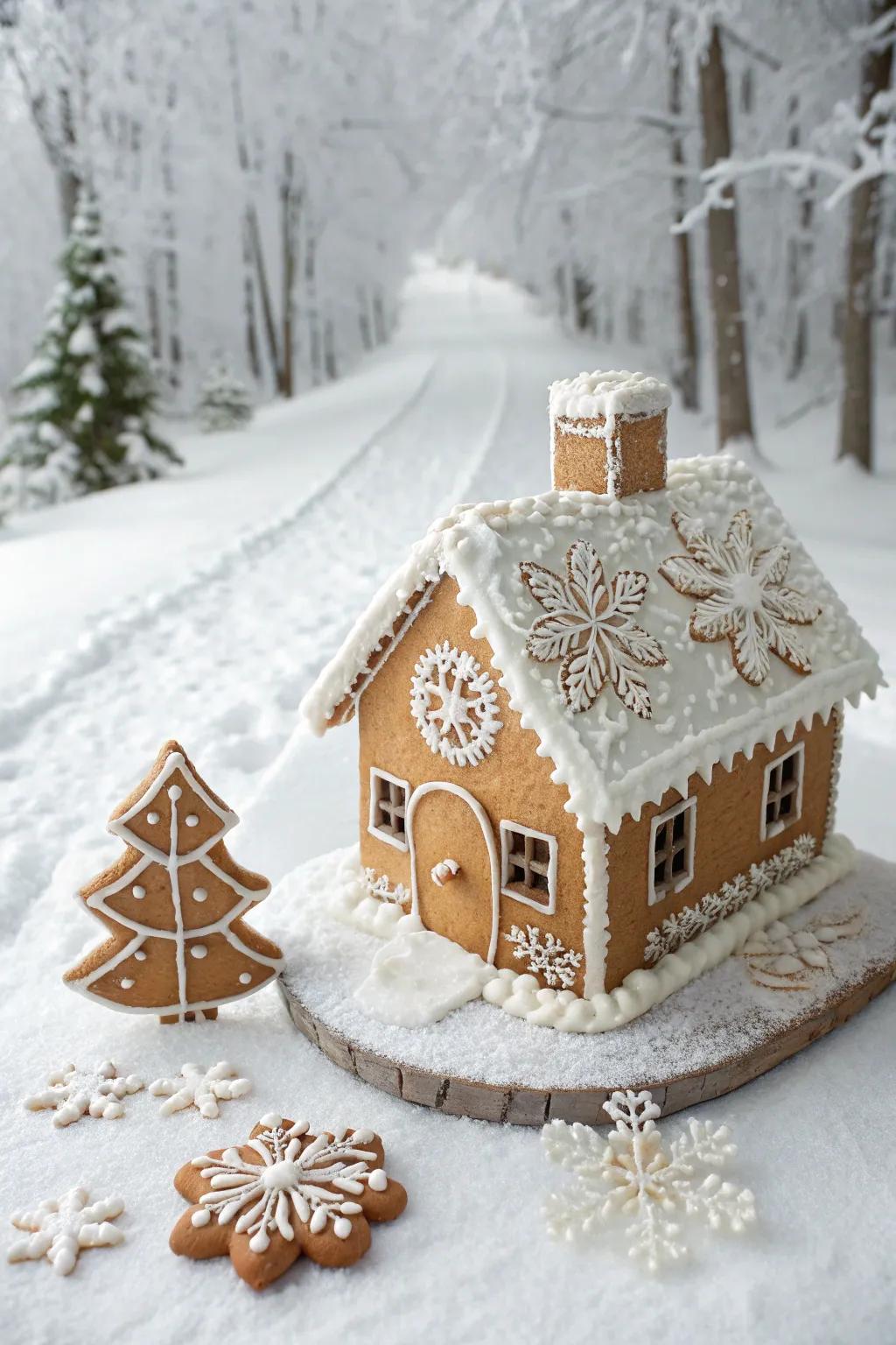 A gingerbread house resembling a snow-covered winter wonderland.