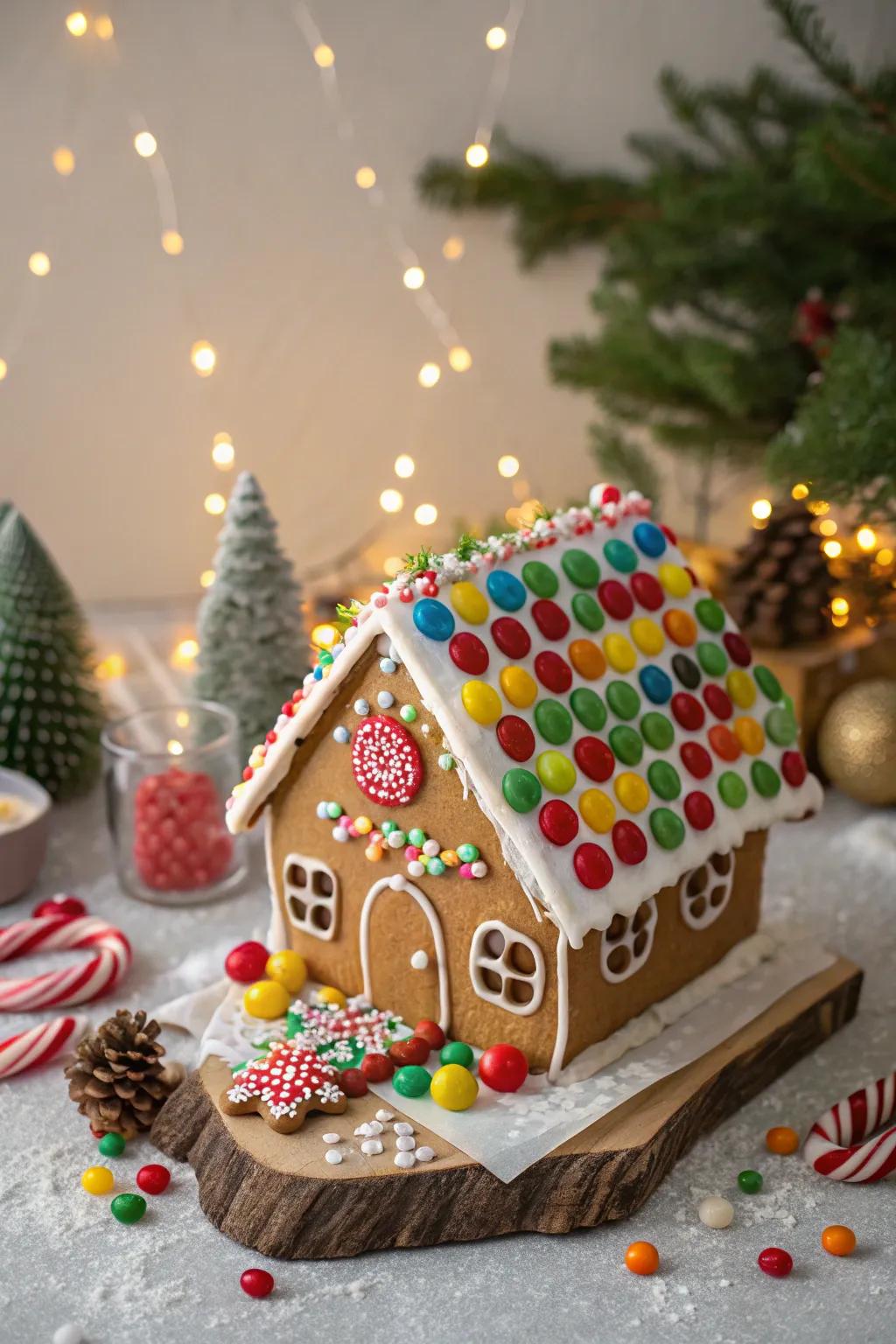 A vibrant gingerbread rooftop embellished with jellydrops.