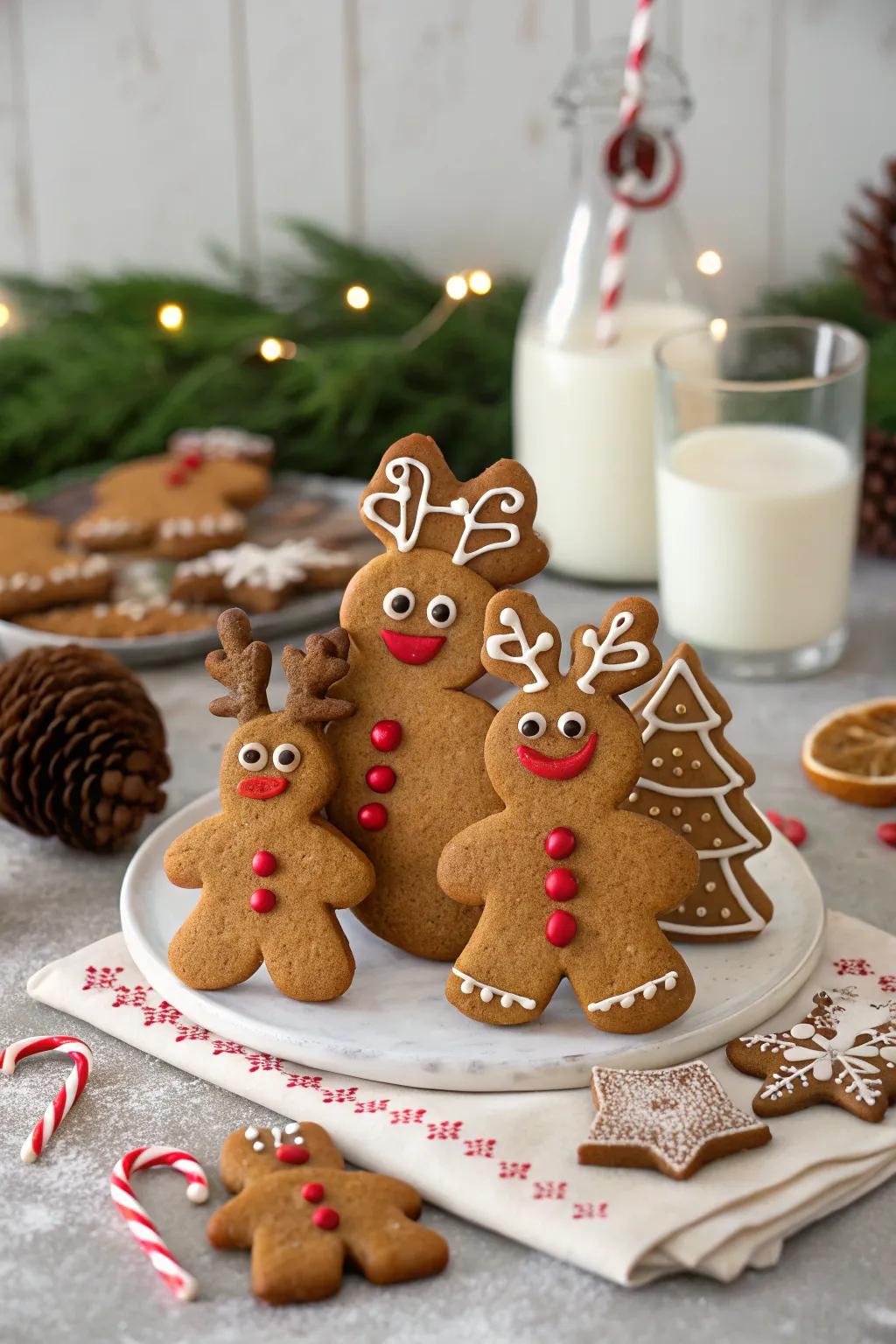 A charming gingerbread family decked out as reindeer.