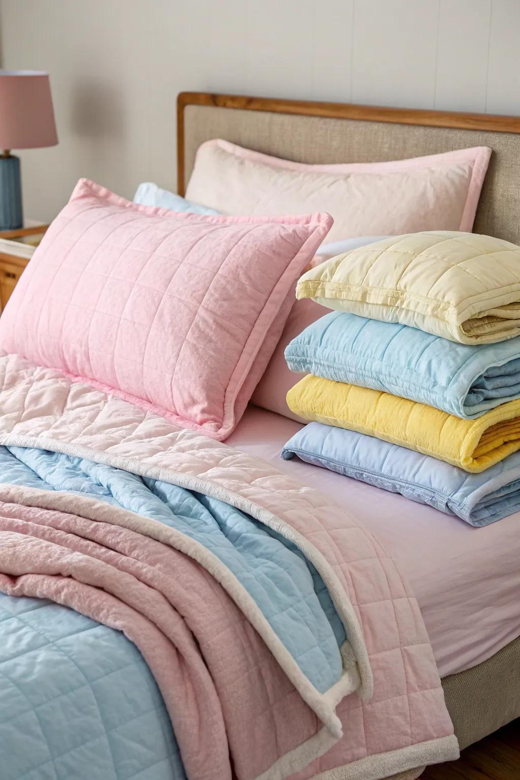 Layered bedding in soft hues for maximum comfort.