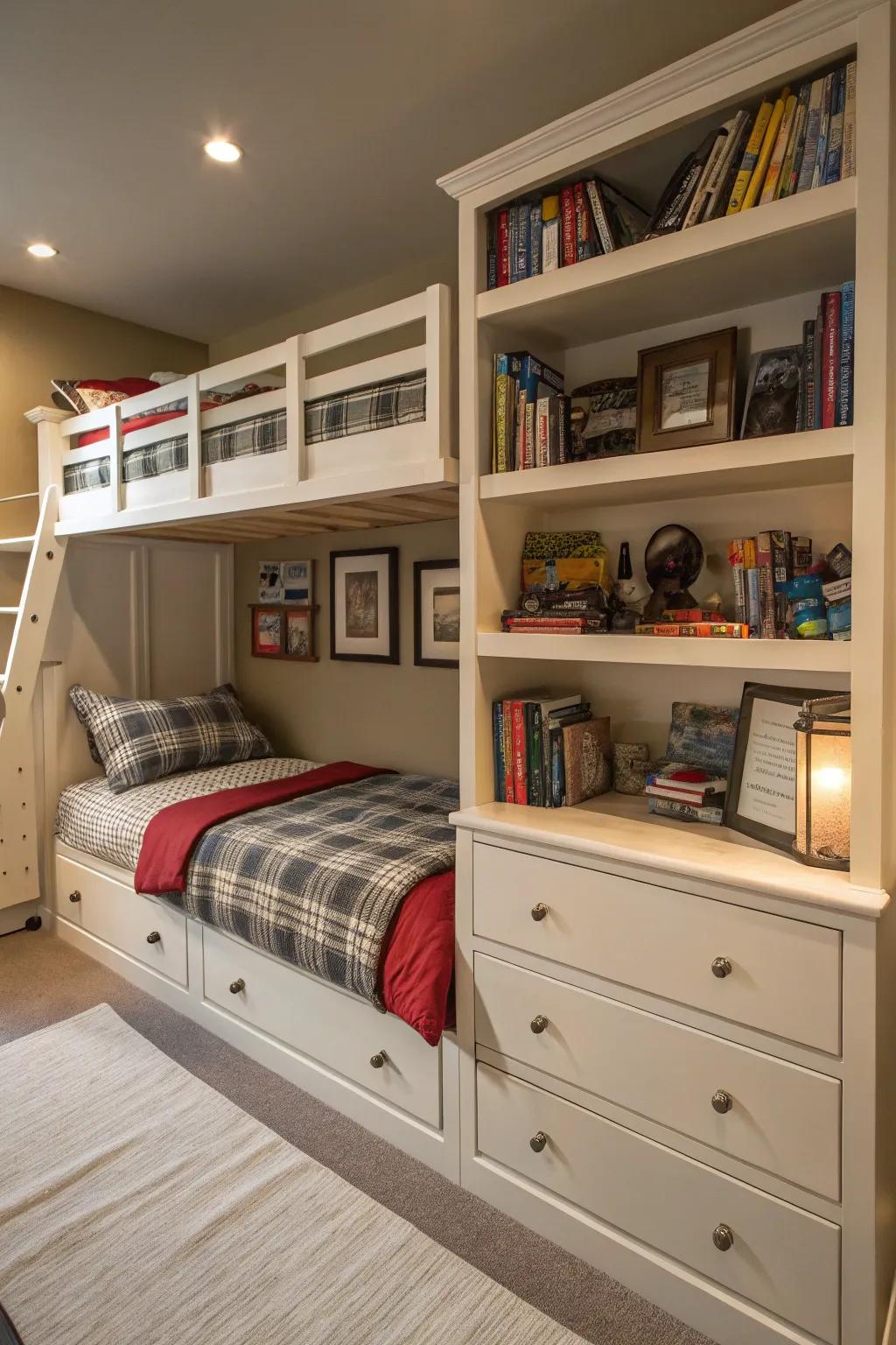 Smart storage solutions incorporated into the bunk bed design.