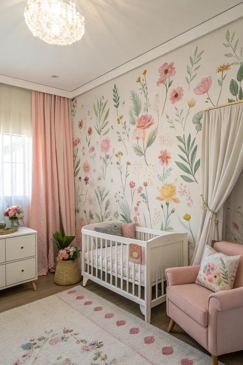 A captivating floral mural lends a unique charm to the nursery.