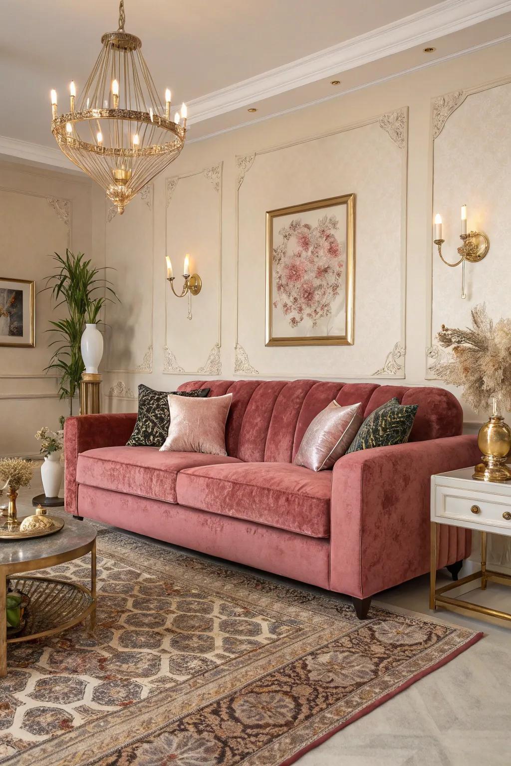 An opulent living room designed around a rose velvet sofa.