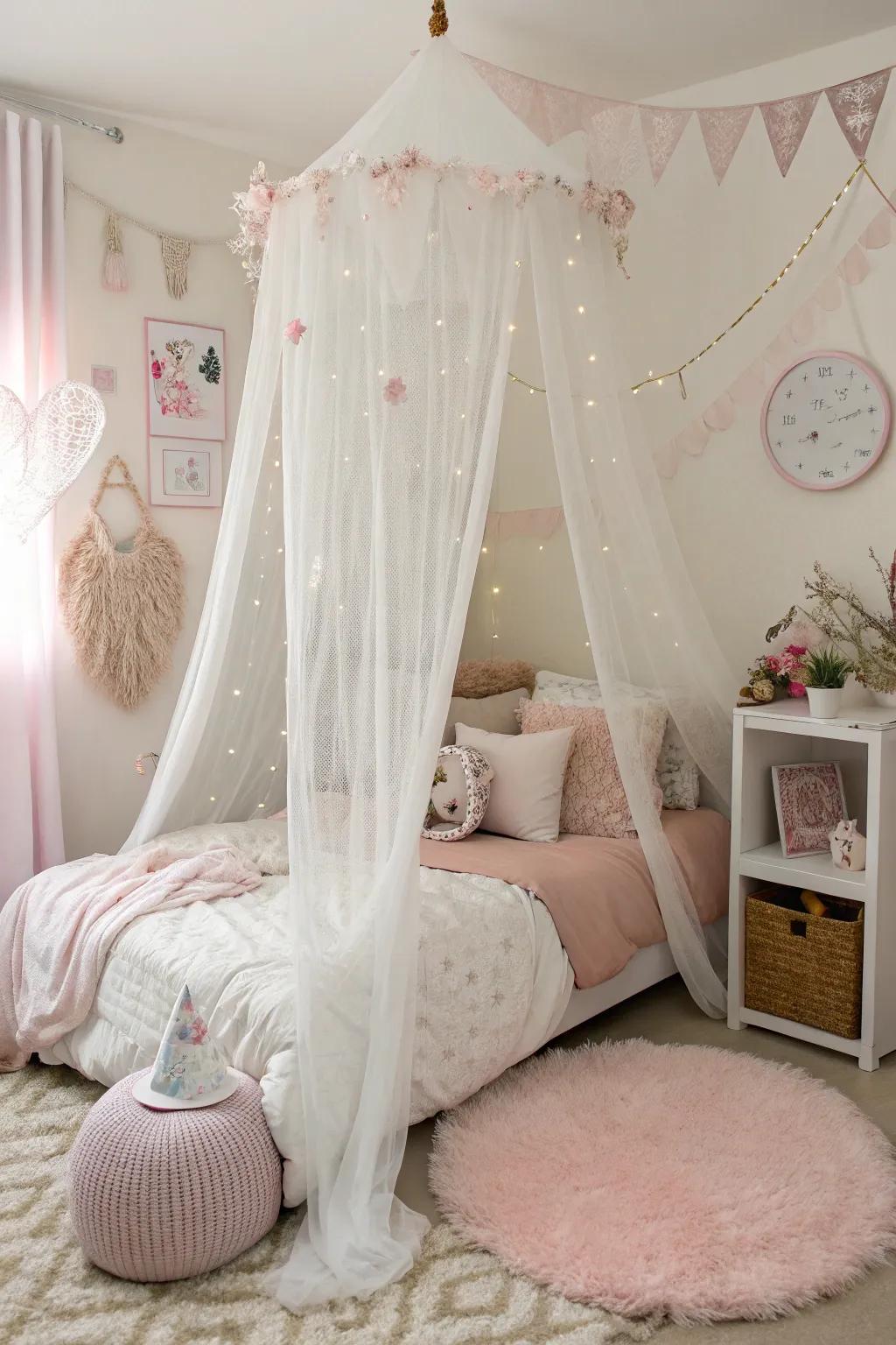 A dreamy canopy bed draped in sheer elegance.