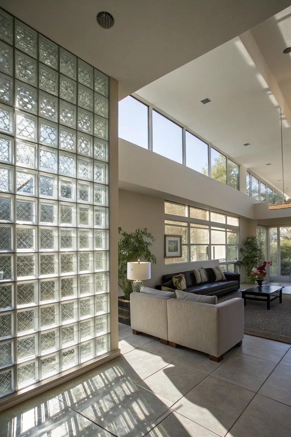 A contemporary living room with a glass block wall, creating a dynamic focal point filled with natural light.