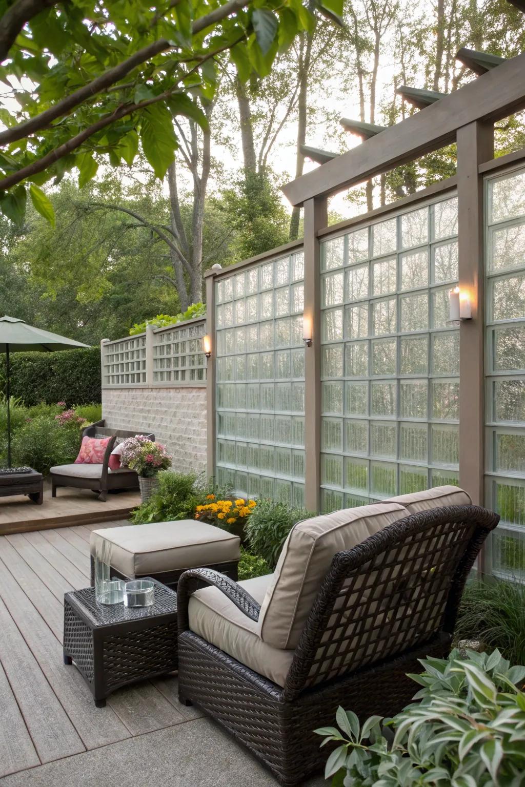 A stylish outdoor space showcasing a glass tile privacy screen.