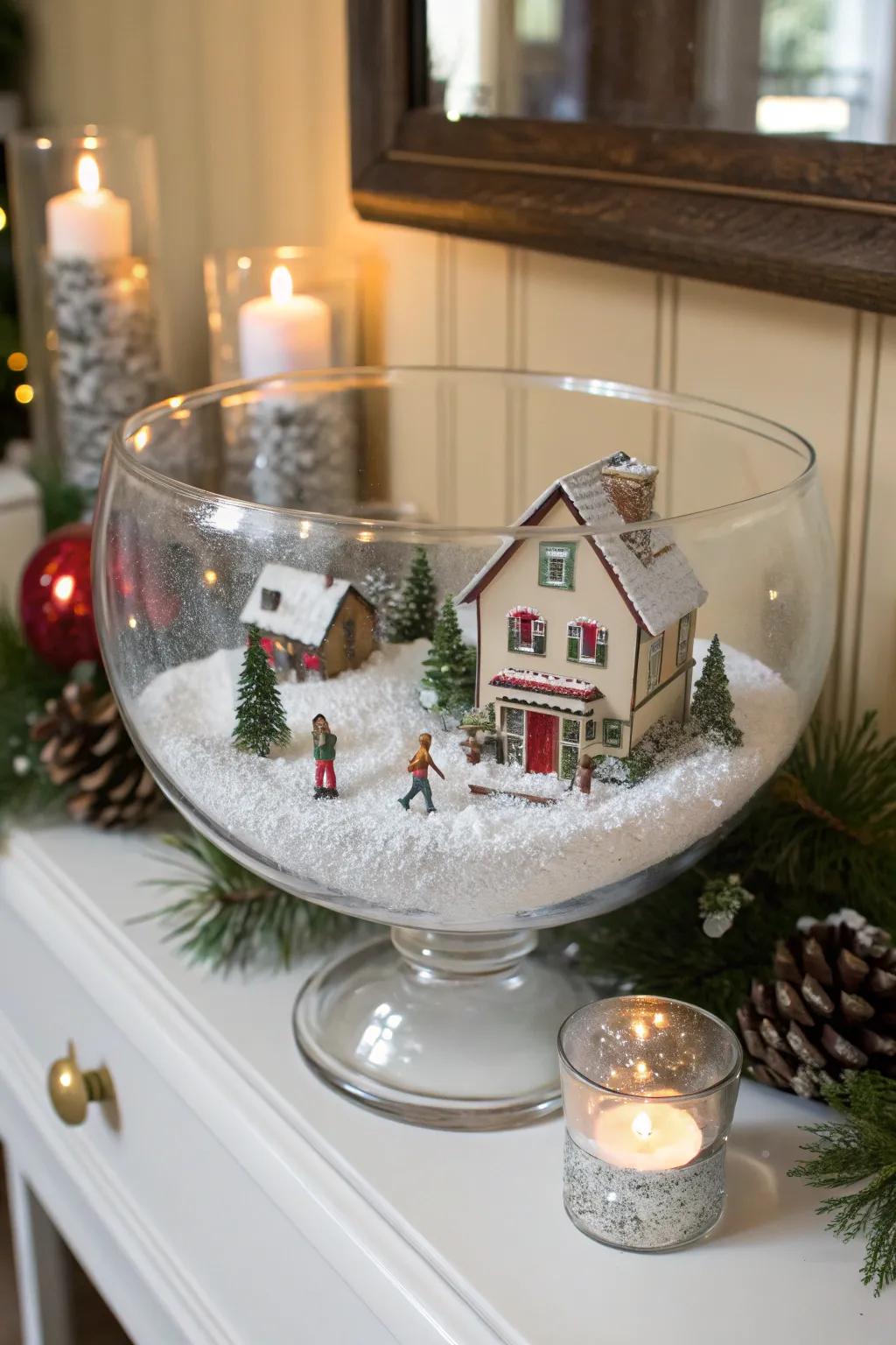 A delightful snowy village scene in a glass bowl.