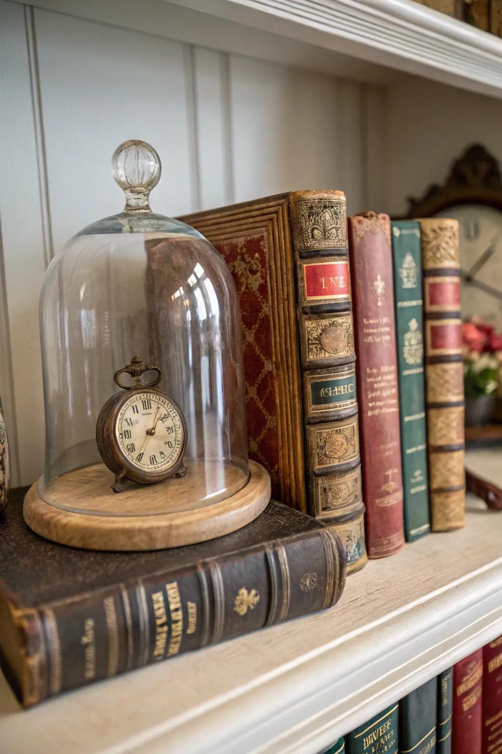 Time-honored literary works alongside an antique timepiece fashion a nostalgic vignette beneath a see-through protector.