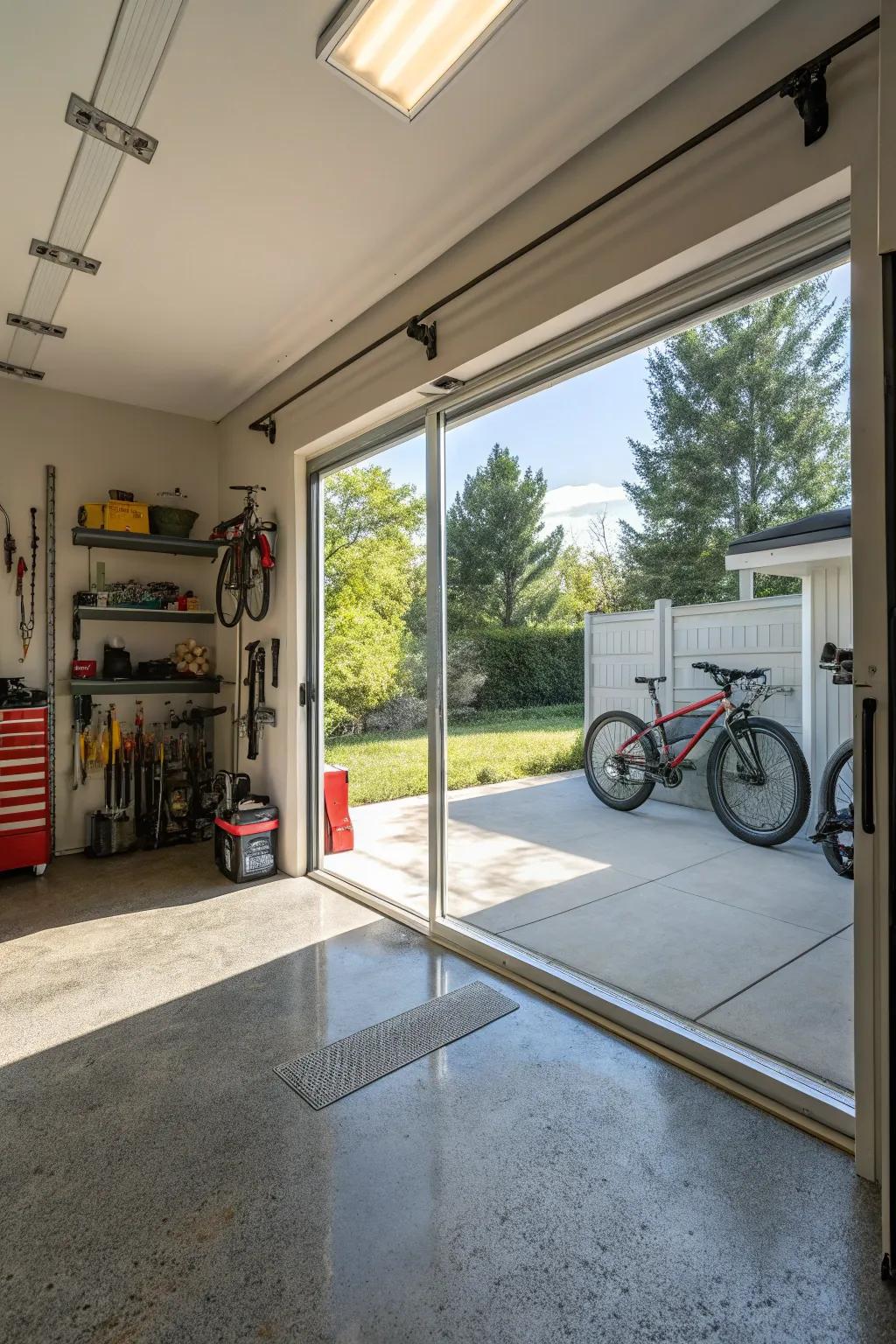 A well-lit garage area enhanced by a glass overhead door.