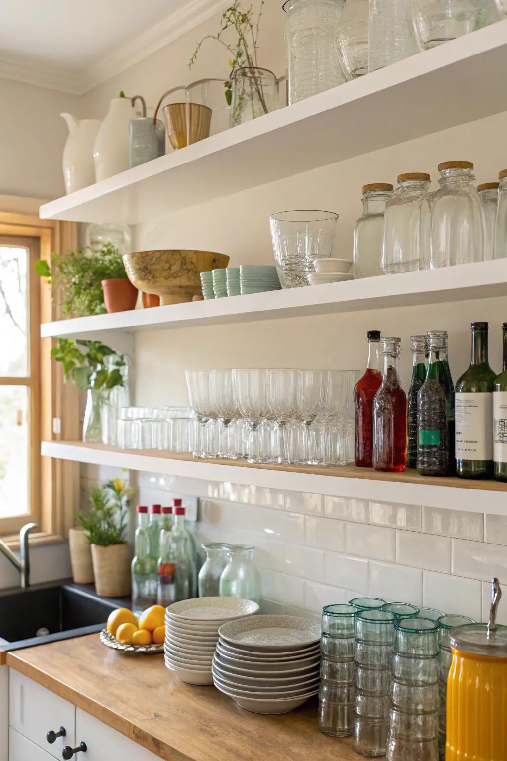 Open shelves presenting a variety of glassware in a sunlit kitchen.