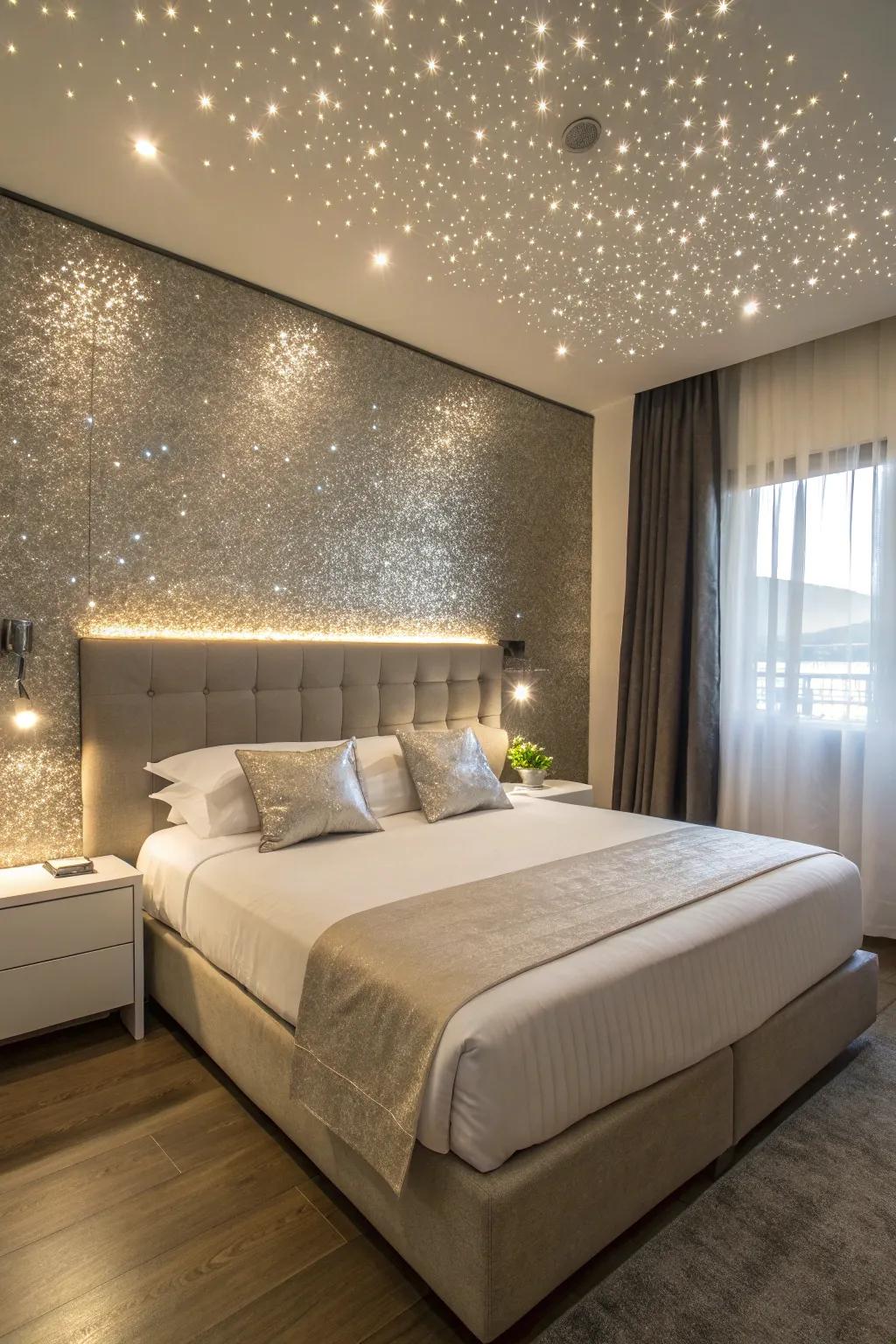 A shimmering feature wall adds a dreamy quality to a bedroom.