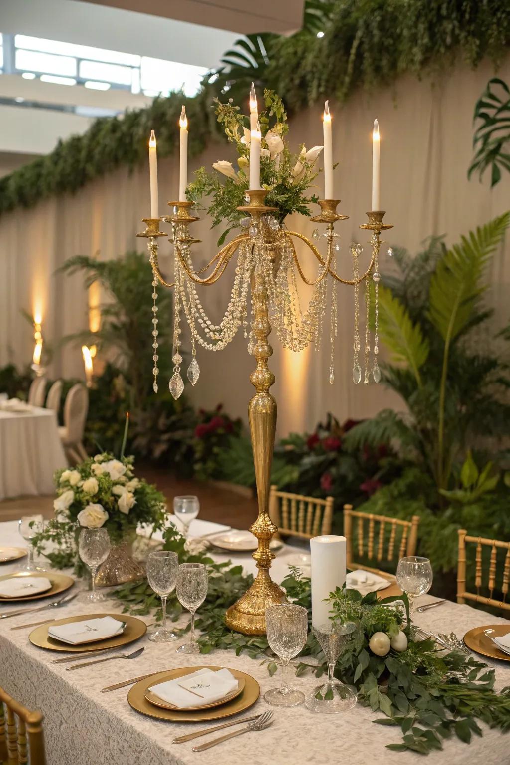 A magnificent gold candelabra accessorized with crystal accents for added drama.
