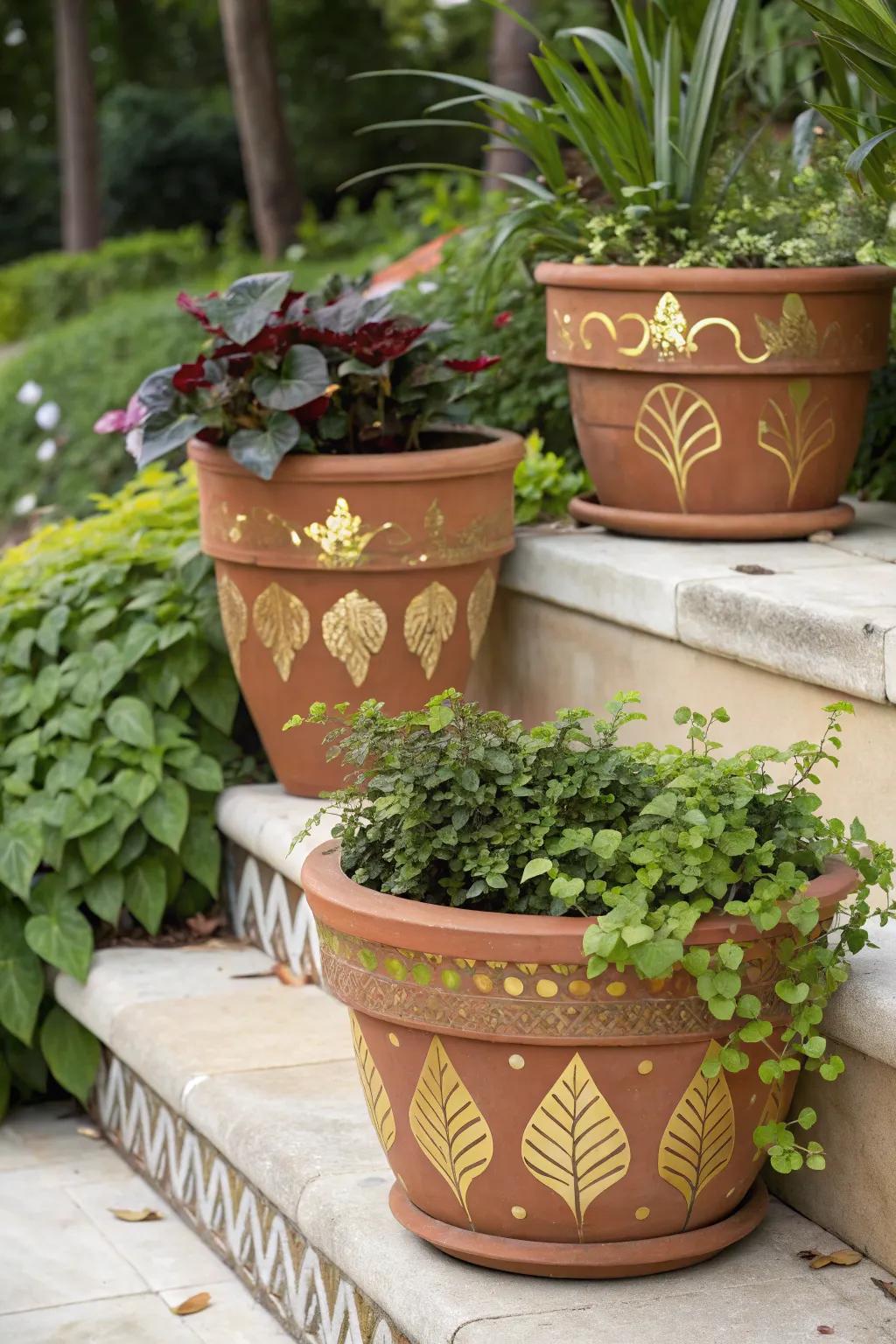 Forge striking contrasts with plant holders embellished with <strong><em>gold leaf</em></strong>.” loading=”lazy” class=”pimg”>
	</picture><figcaption>Forge striking contrasts with plant holders embellished with <strong><em>gold leaf</em></strong>.</figcaption></figure>
<p>Infuse vibrancy into your plant containers with touches of <strong><em>gold leaf</em></strong>. I’m captivated by the manner in which the gold enriches the inherent hues of my botanical assortment, endowing them with a sophisticated charm.</p>
<h3>Items that may come in handy:</h3>
<ul class=