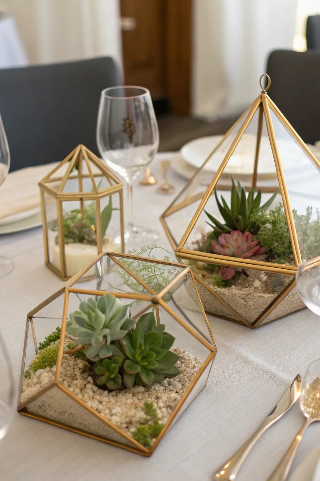 Chic gold terrariums offering a modern twist to traditional centerpieces.