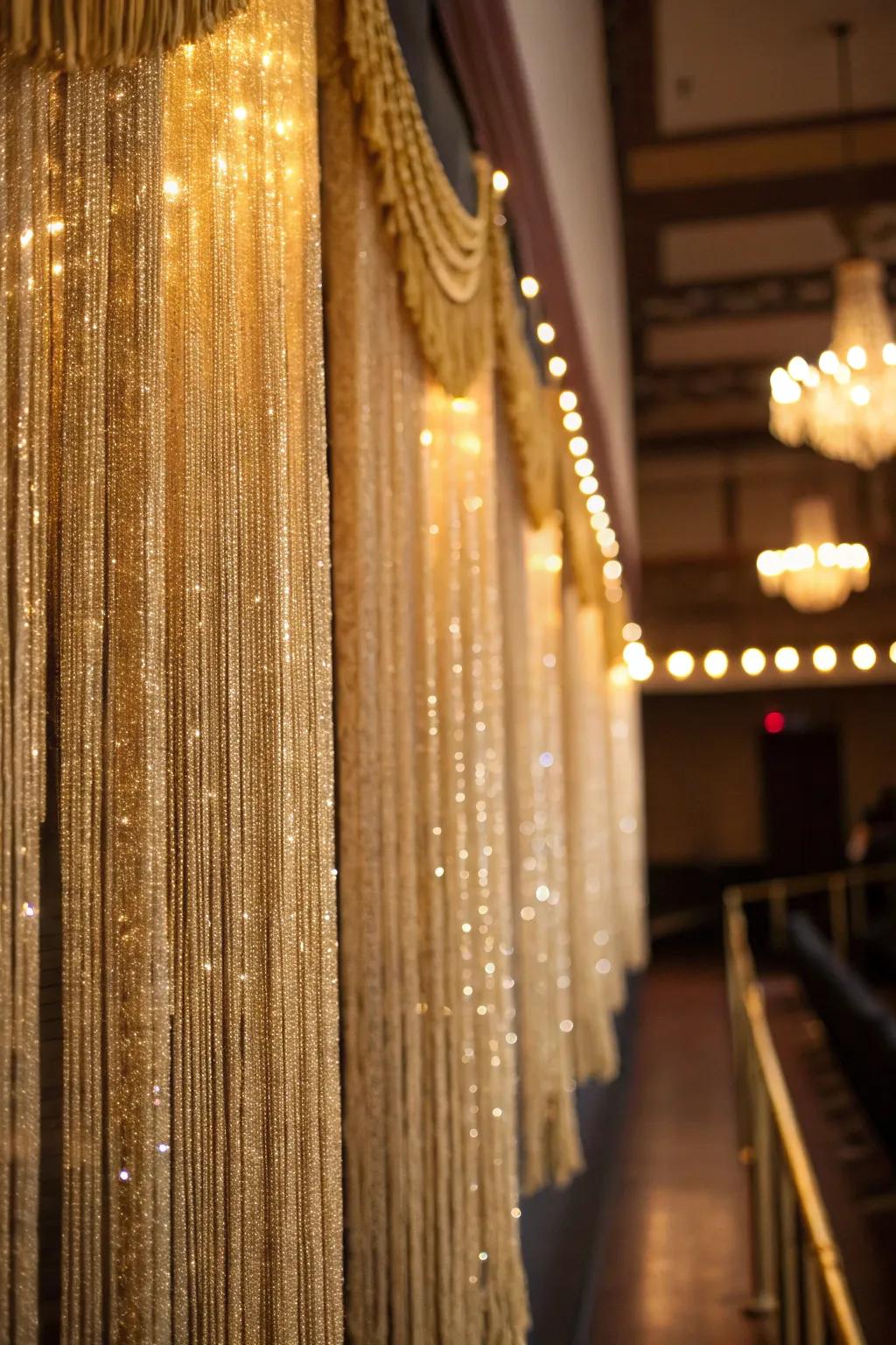 Golden streamer panels provide a sparkling backdrop perfect for memorable photos.