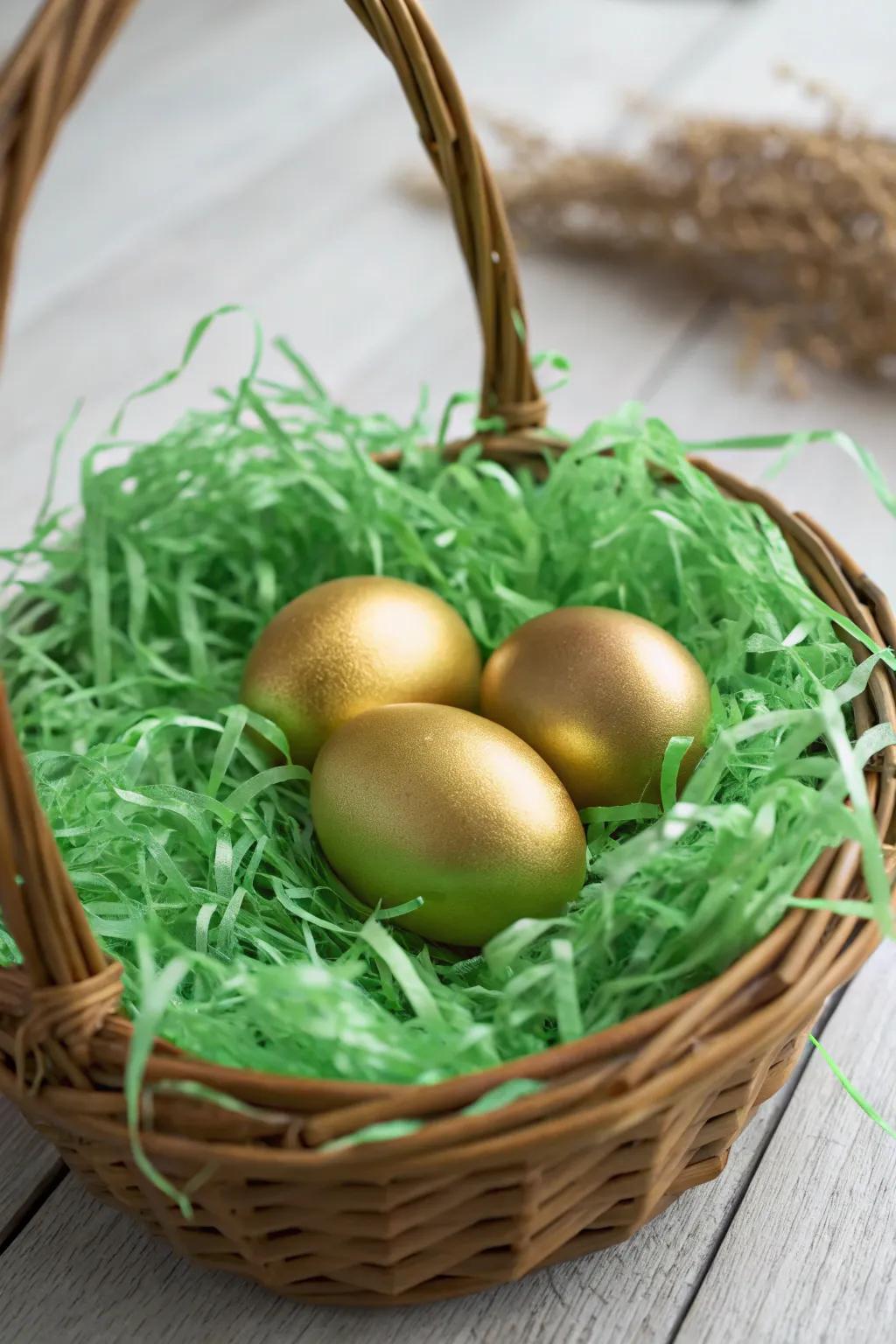 Gilded eggs radiate against a vibrant backdrop of emerald confetti strips.