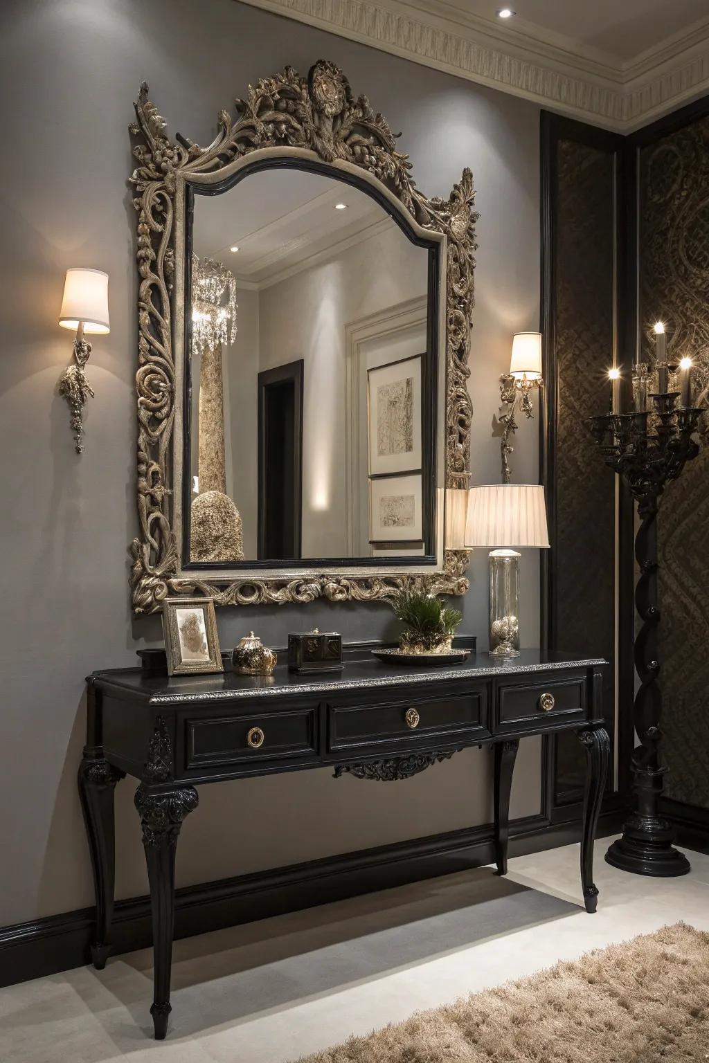 A fancy looking glass border incorporates sophistication and dimension to your dressing table design.