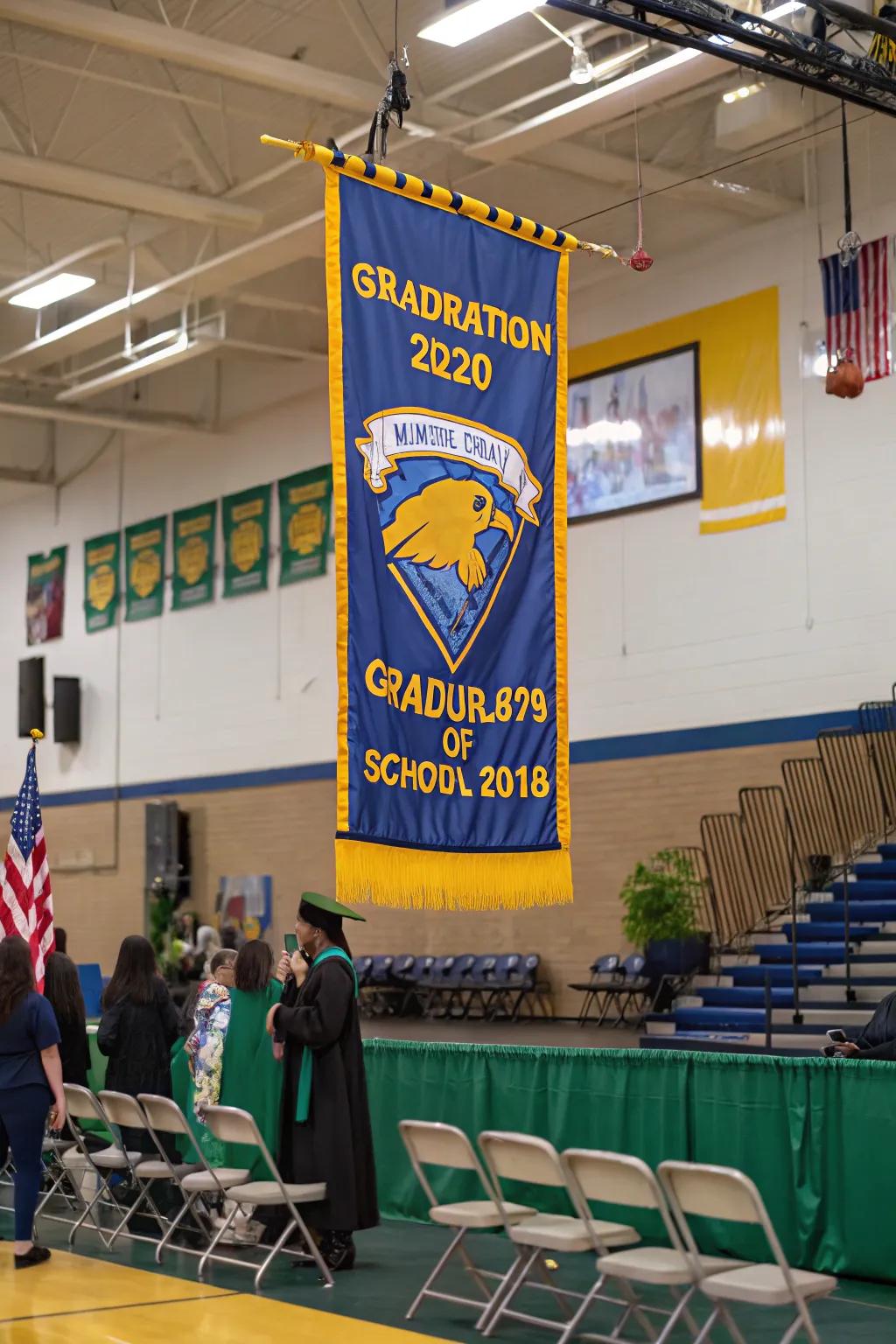 A banner proudly displaying school spirit with hues and mascots.