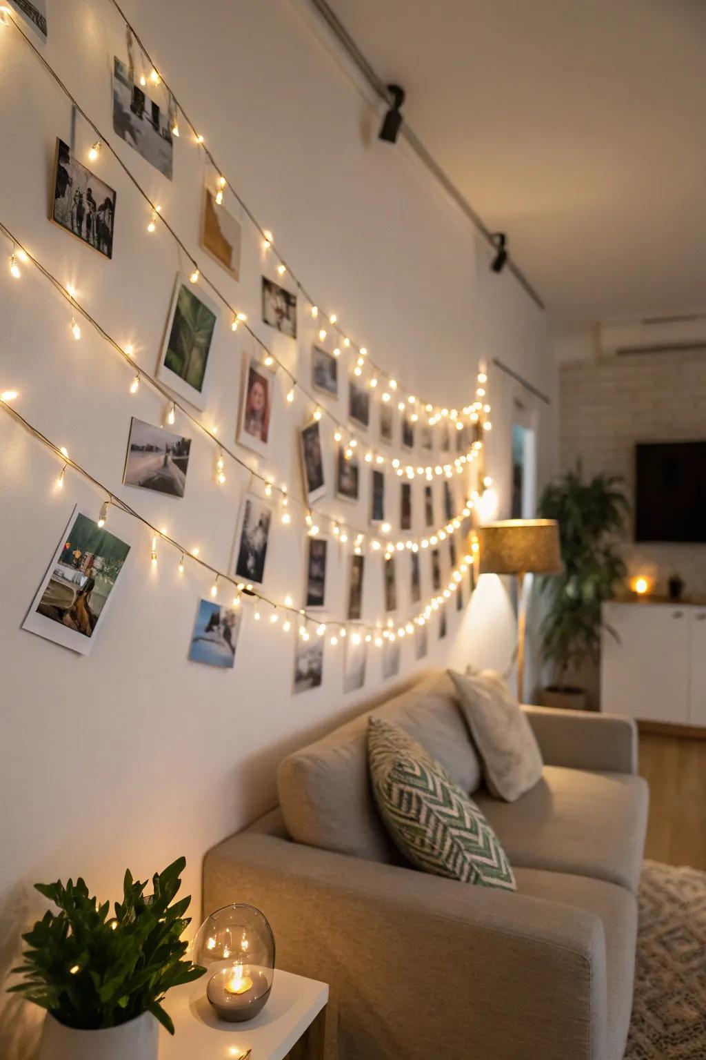 String and clips display with fairy lights sets a warm and welcoming mood.