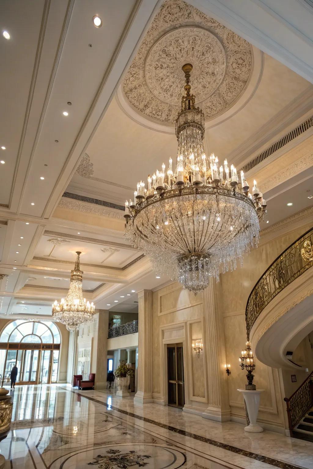 An elaborate pendant fixture illuminates a grand entrance hall, adding refinement and warmth.